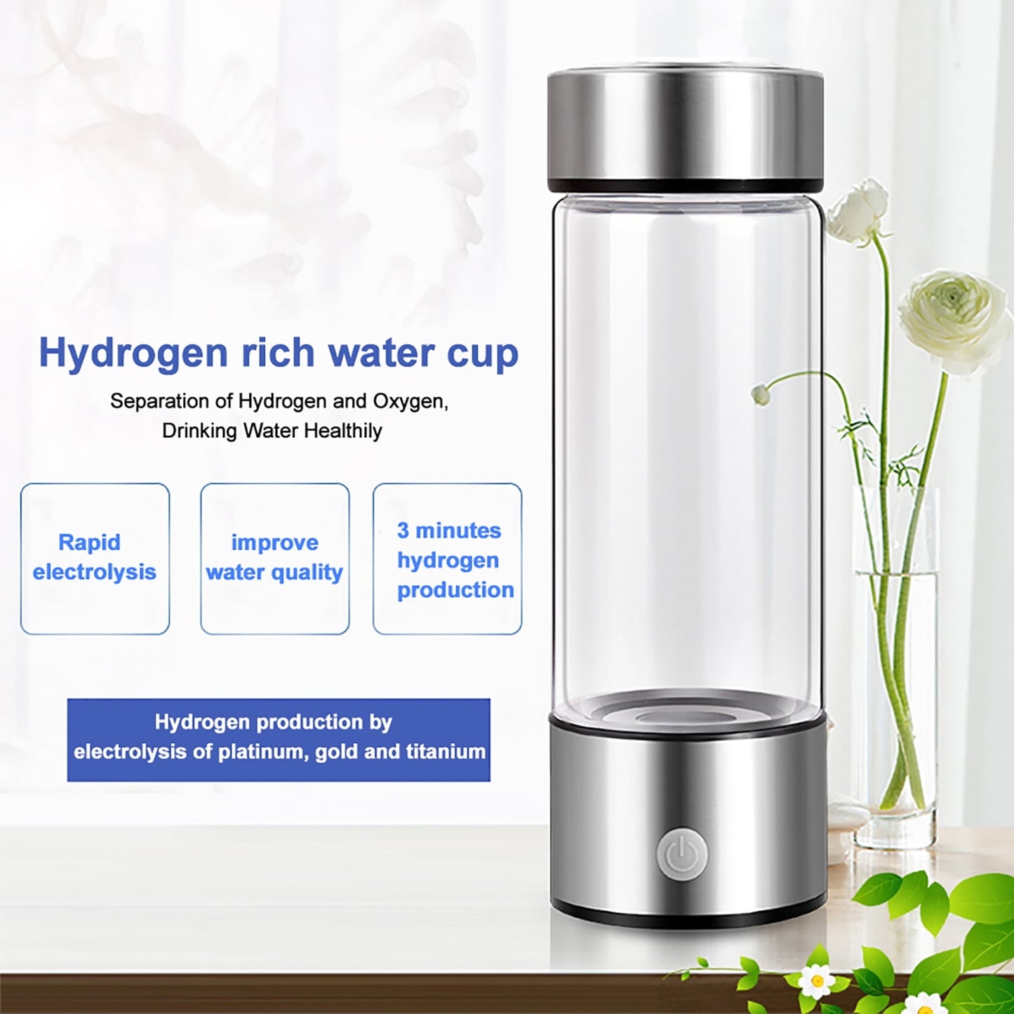 420ml Hydrogen Water Bottle Portable Hydrogen Water Ionizer Machine, USB Rechargeable Hydrogen Water Generator, Hydrogen Rich Water Glass Health Cup for Home Travel