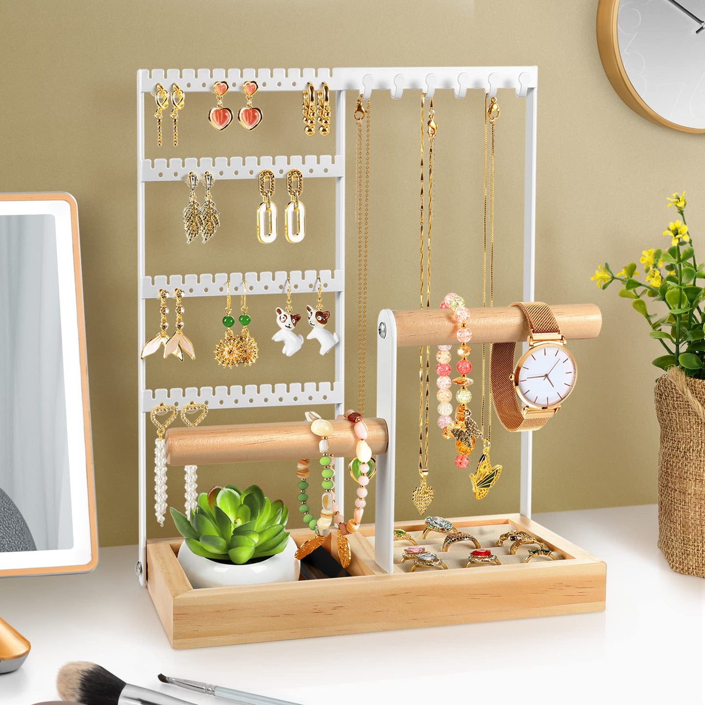 Godboat Jewelry Organizer - Earring Holder with 48 Holes, 6 Hooks Necklace Organizer, Bracelet and Ring Stand with Jewelry Box, Mothers Day Gifts for Women, Mom, Preppy Stuff & Room Decor, Pink,White,Black