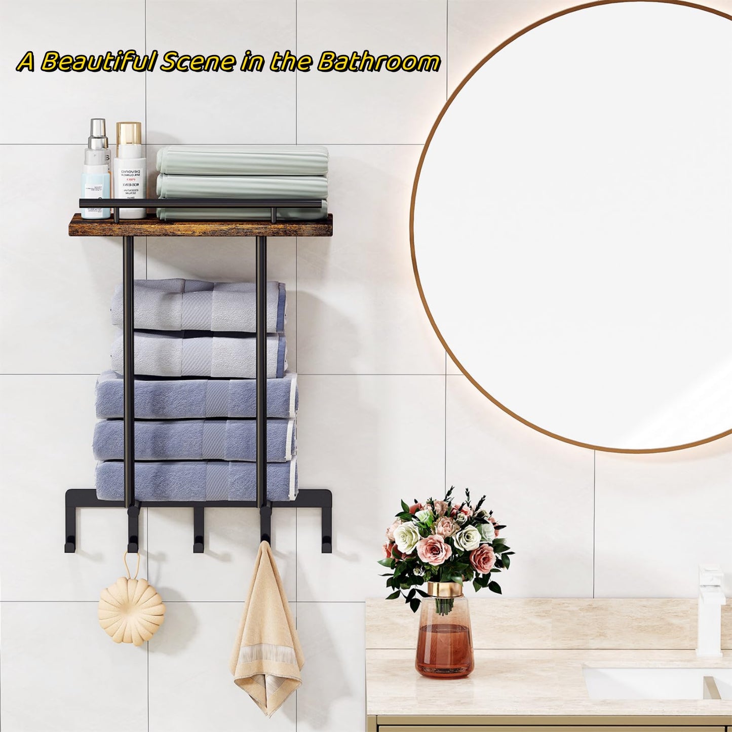 Godboat Towel Racks for Bathroom - Towel Holder with Wooden Shelf, 5 Hooks Bathroom Organizers and Storage near Towel Warmer, Wall Mounted for Rolled Towels, Gifts for Women, Mom, Mothers Day (21")