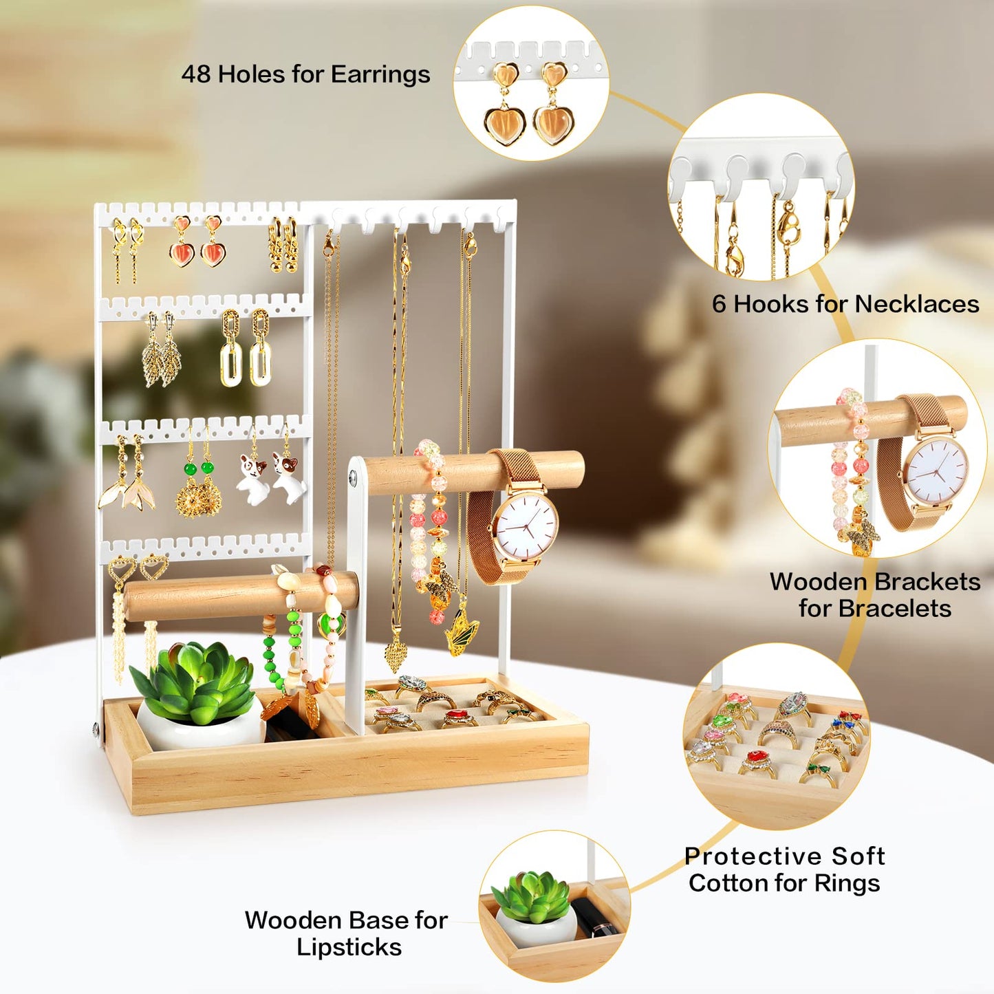 Godboat Jewelry Organizer - Earring Holder with 48 Holes, 6 Hooks Necklace Organizer, Bracelet and Ring Stand with Jewelry Box, Mothers Day Gifts for Women, Mom, Preppy Stuff & Room Decor, Pink,White,Black