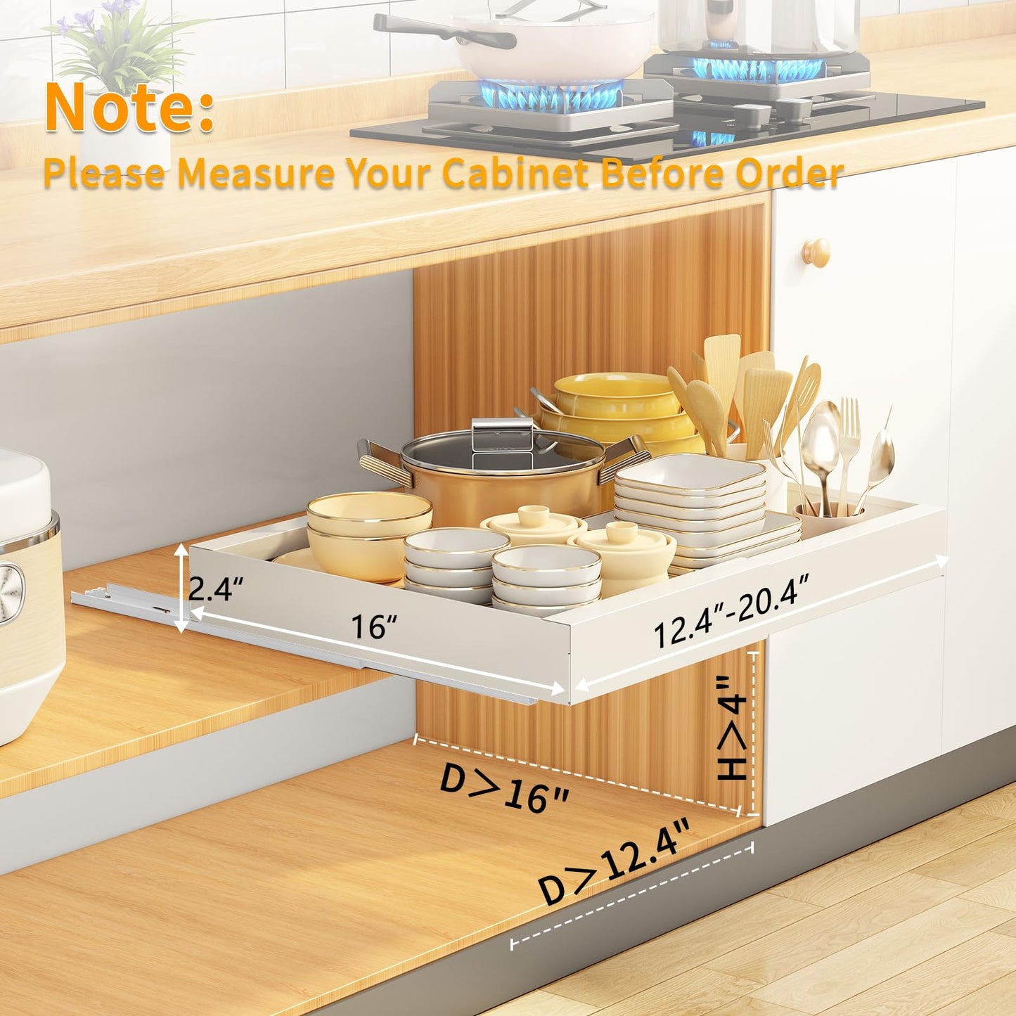 Godboat Pull Out Cabinet Organizer, Slide Out Drawers for Kitchen Cabinets, (12.4"-20.4" W) Expandable Drawer Organizer for Pots and Pans, Self-Adhesive Under Sink Organizer without Screws, White