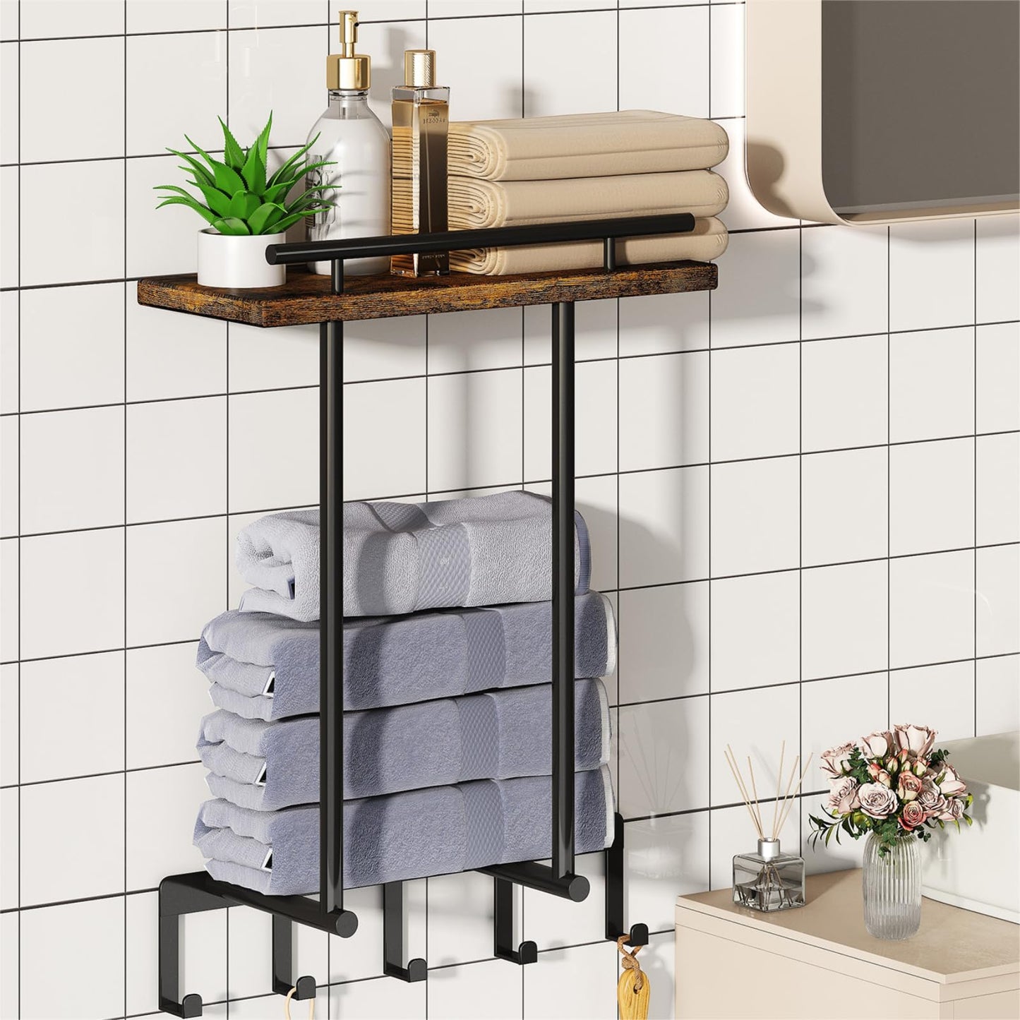 Godboat Towel Racks for Bathroom - Towel Holder with Wooden Shelf, 5 Hooks Bathroom Organizers and Storage near Towel Warmer, Wall Mounted for Rolled Towels, Gifts for Women, Mom, Mothers Day (21")