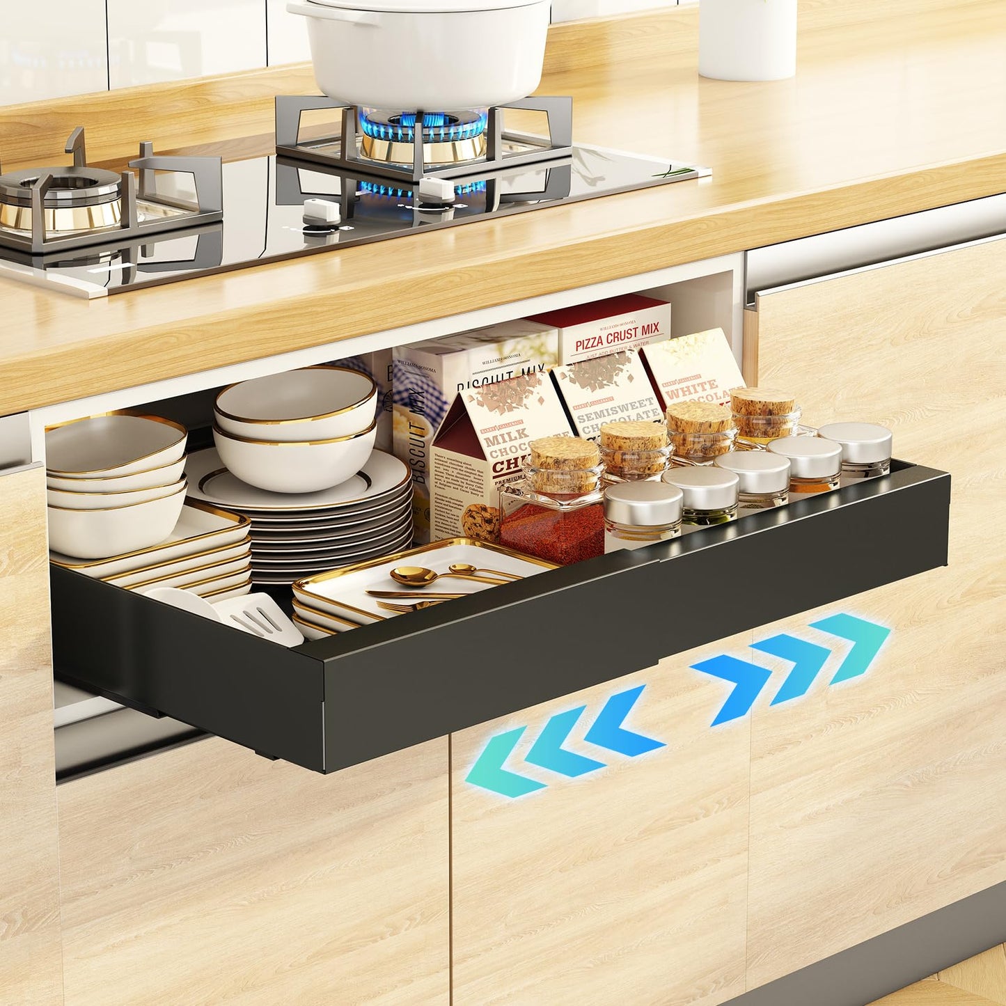 Godboat Pull Out Cabinet Organizer, Slide Out Drawers for Kitchen Cabinets, (12.4"-20.4" W) Expandable Drawer Organizer for Pots and Pans, Self-Adhesive Under Sink Organizer without Screws, White