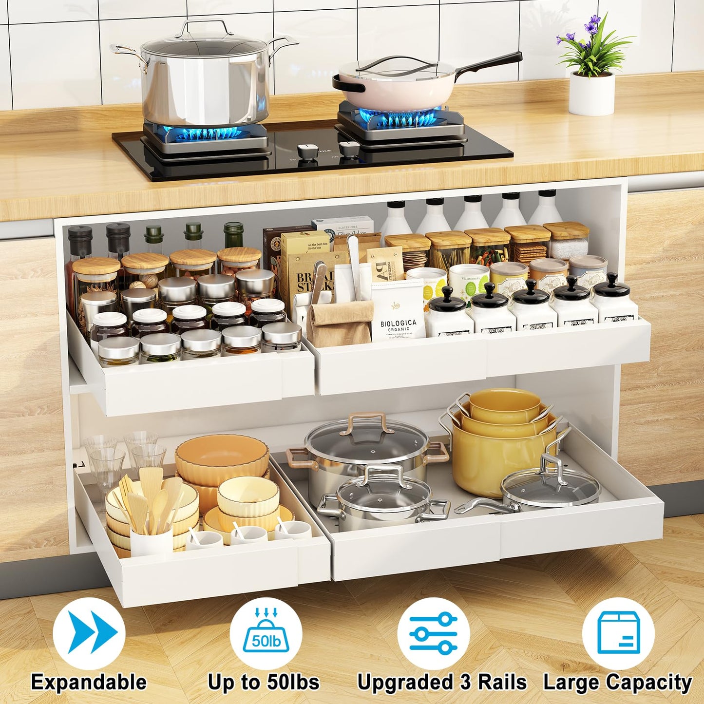 Godboat Pull Out Cabinet Organizer, Slide Out Drawers for Kitchen Cabinets, (12.4"-20.4" W) Expandable Drawer Organizer for Pots and Pans, Self-Adhesive Under Sink Organizer without Screws, White