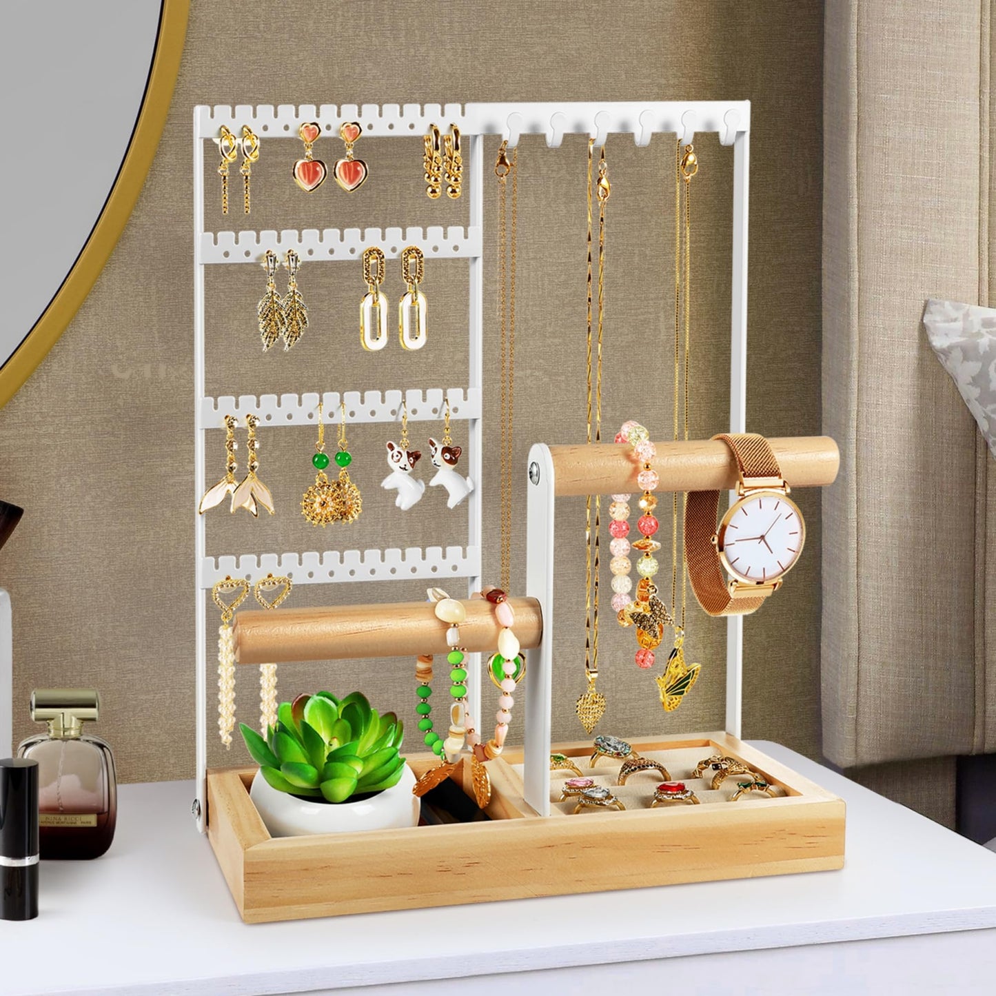 Godboat Jewelry Organizer - Earring Holder with 48 Holes, 6 Hooks Necklace Organizer, Bracelet and Ring Stand with Jewelry Box, Mothers Day Gifts for Women, Mom, Preppy Stuff & Room Decor, Pink,White,Black