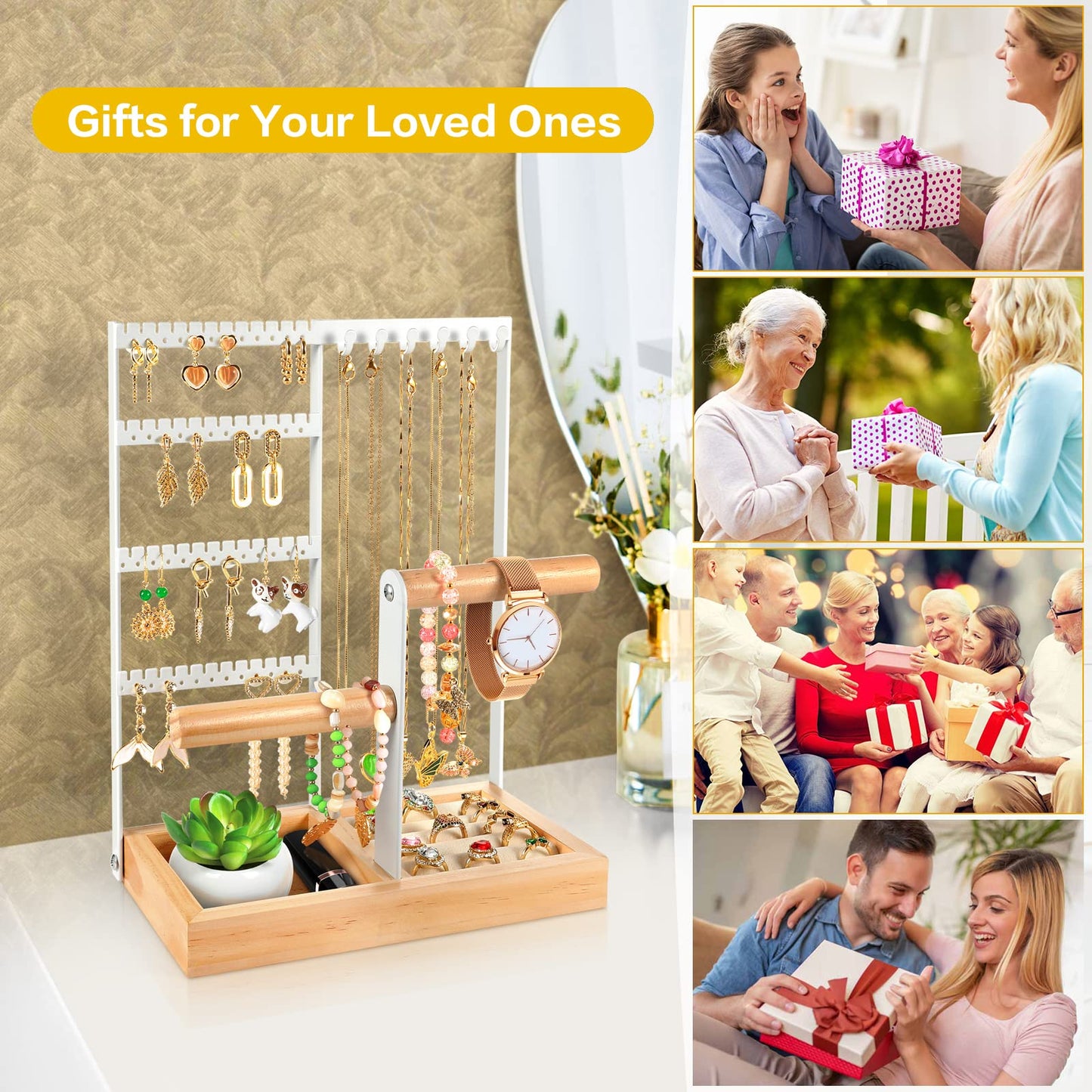 Godboat Jewelry Organizer - Earring Holder with 48 Holes, 6 Hooks Necklace Organizer, Bracelet and Ring Stand with Jewelry Box, Mothers Day Gifts for Women, Mom, Preppy Stuff & Room Decor, Pink,White,Black