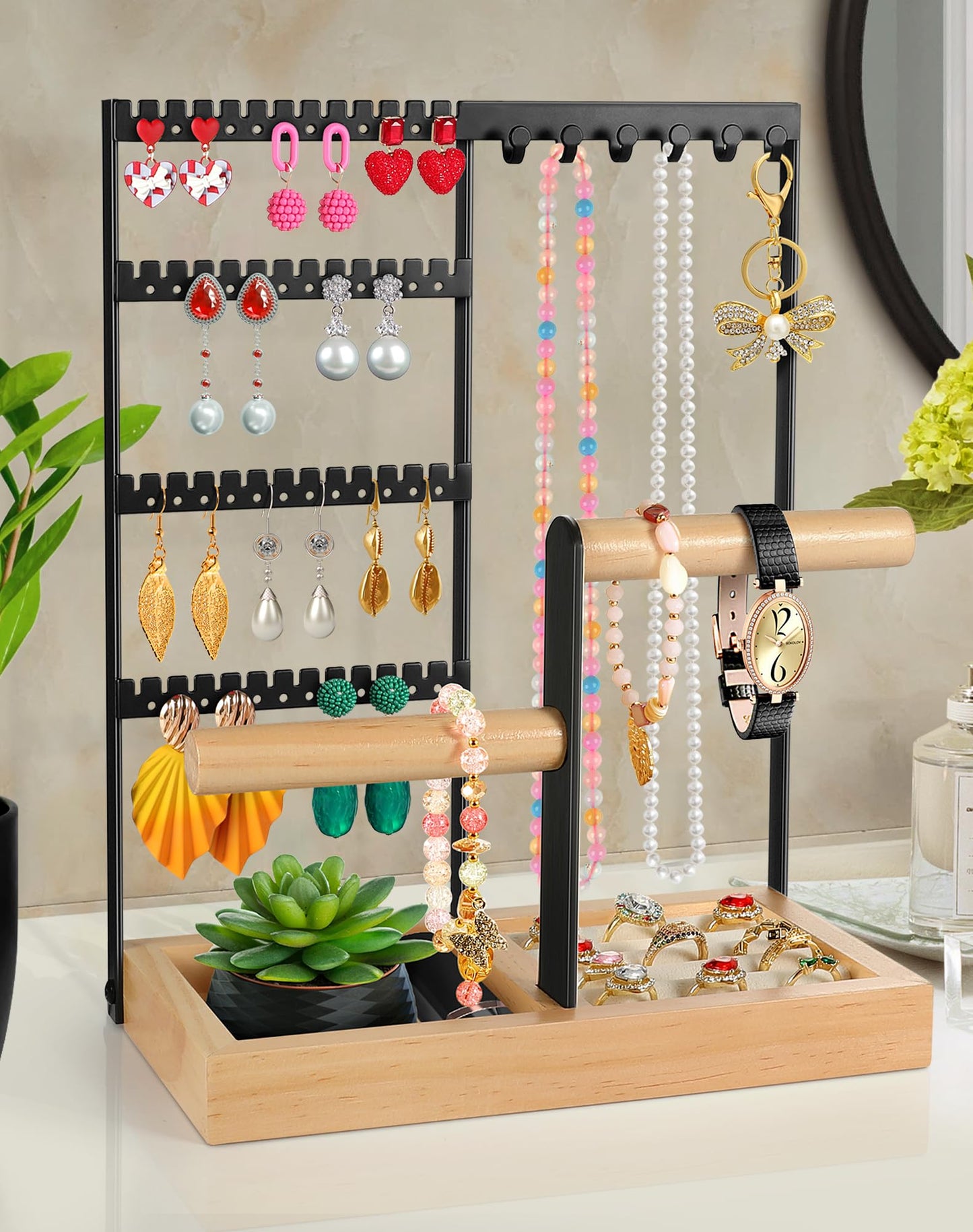 Godboat Jewelry Organizer - Earring Holder with 48 Holes, 6 Hooks Necklace Organizer, Bracelet and Ring Stand with Jewelry Box, Mothers Day Gifts for Women, Mom, Preppy Stuff & Room Decor, Pink,White,Black
