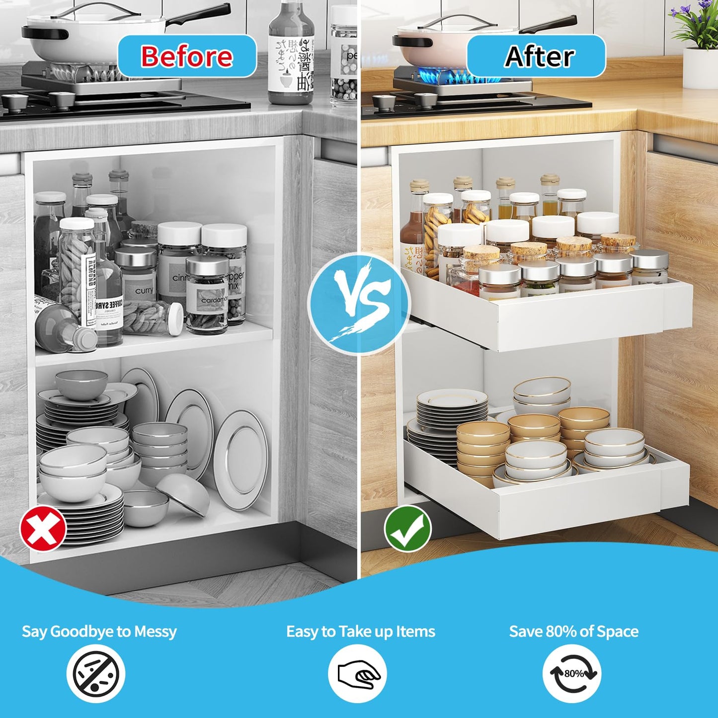 Godboat Pull Out Cabinet Organizer, Slide Out Drawers for Kitchen Cabinets, (12.4"-20.4" W) Expandable Drawer Organizer for Pots and Pans, Self-Adhesive Under Sink Organizer without Screws, White