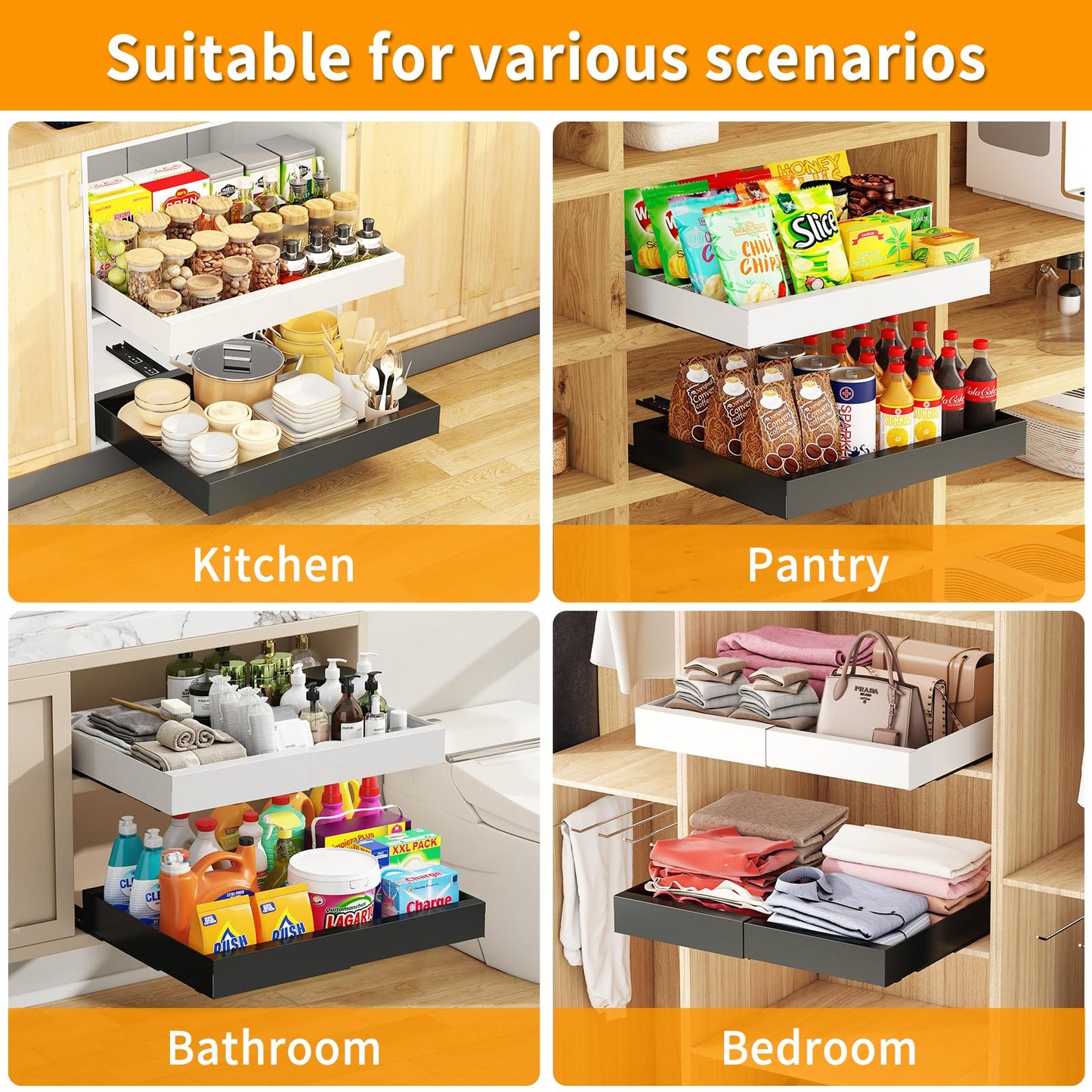 Godboat Pull Out Cabinet Organizer, Slide Out Drawers for Kitchen Cabinets, (12.4"-20.4" W) Expandable Drawer Organizer for Pots and Pans, Self-Adhesive Under Sink Organizer without Screws, White