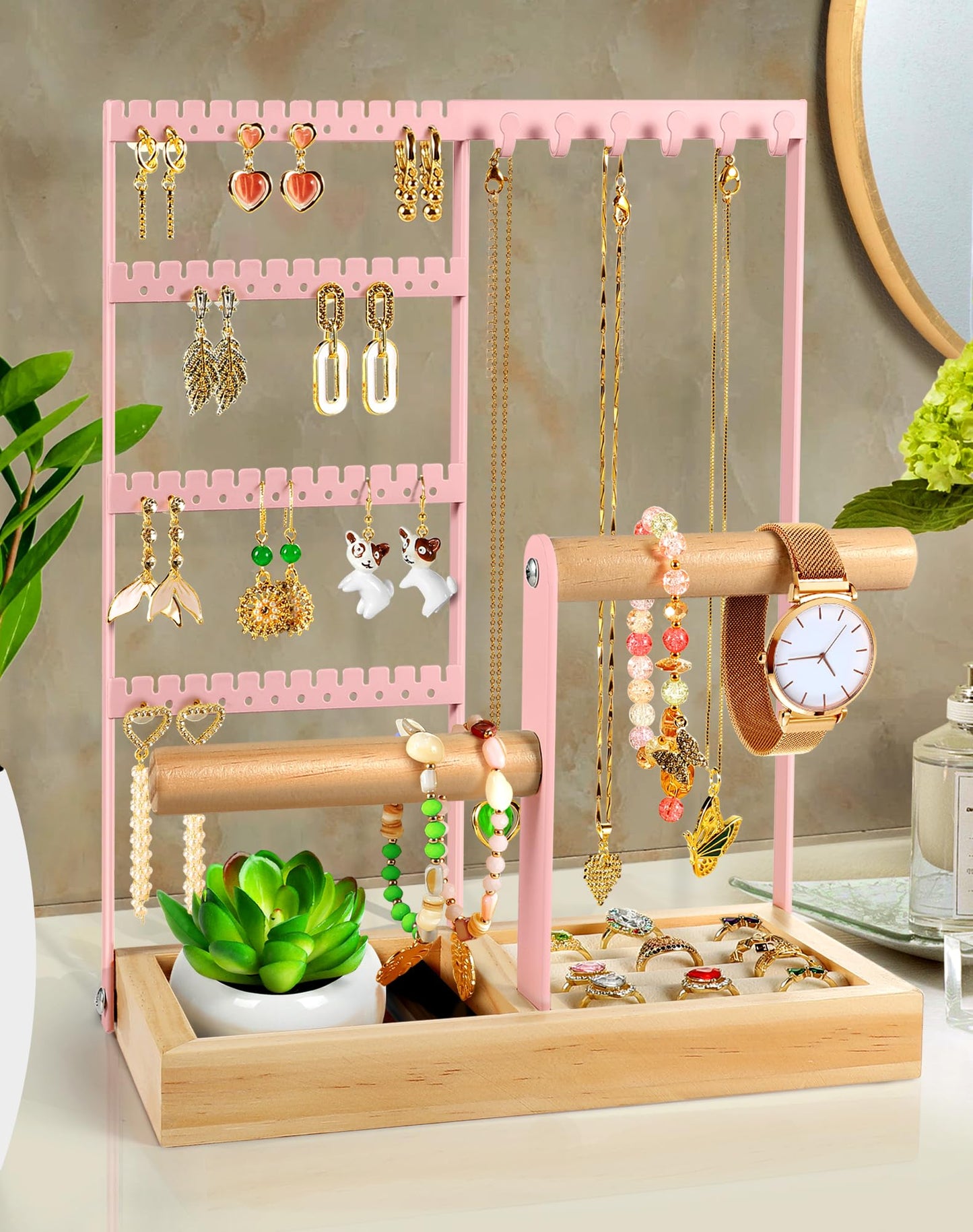 Godboat Jewelry Organizer - Earring Holder with 48 Holes, 6 Hooks Necklace Organizer, Bracelet and Ring Stand with Jewelry Box, Mothers Day Gifts for Women, Mom, Preppy Stuff & Room Decor, Pink,White,Black