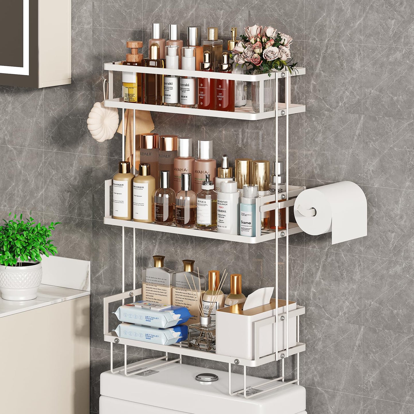 Godboat Bathroom Organizers Storage, Bathroom Shelves with 2 Hooks, Wall Mounted Toilet Shelf Rack, Behind and Above the Toilet Organizer, Gifts for Women