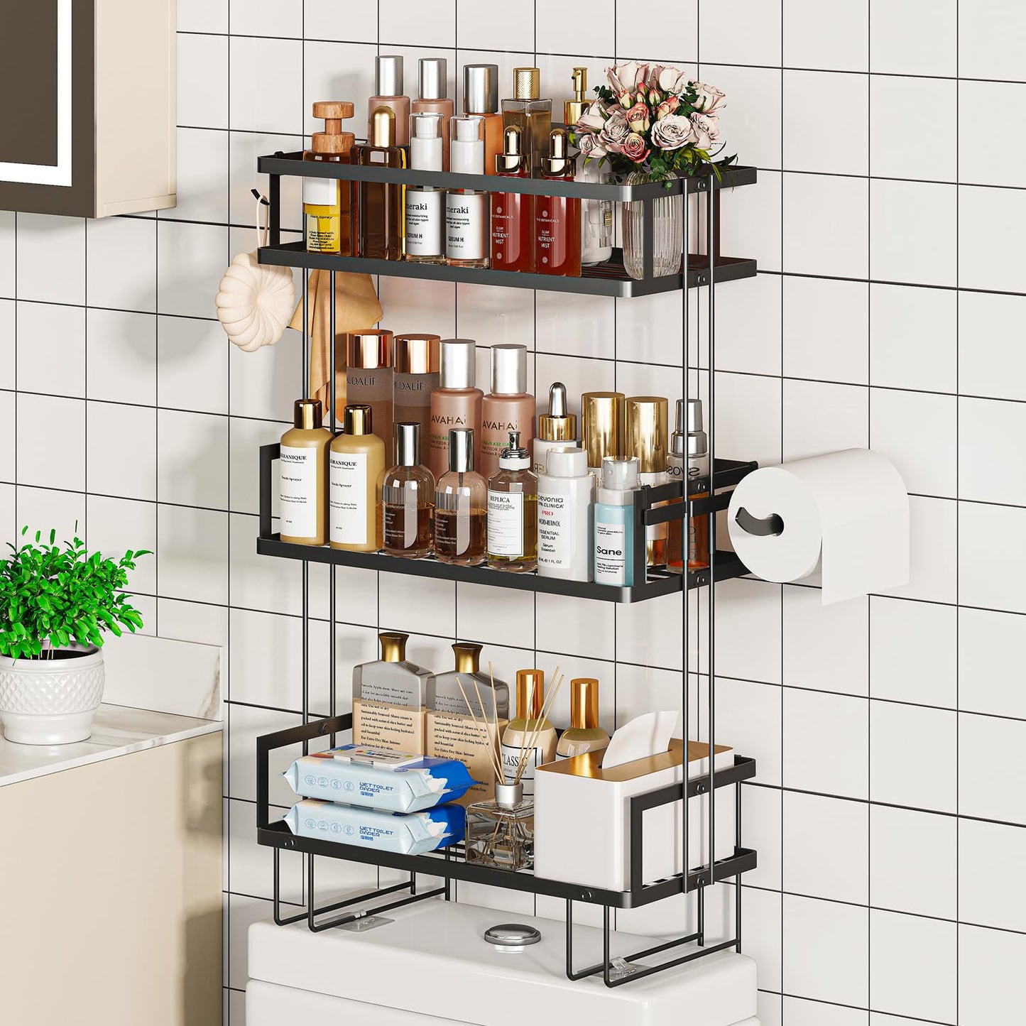 Godboat Bathroom Organizers Storage, Bathroom Shelves with 2 Hooks, Wall Mounted Toilet Shelf Rack, Behind and Above the Toilet Organizer, Gifts for Women