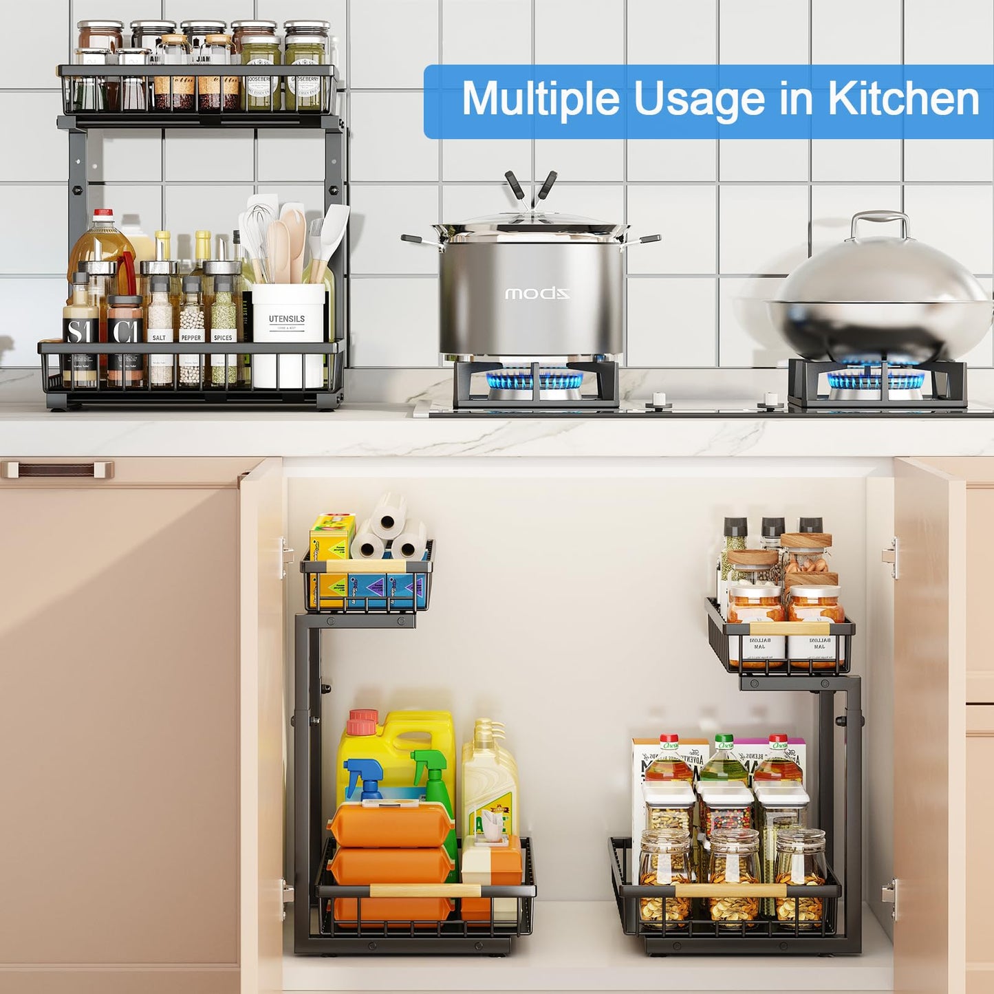 Godboat Under Sink Organizer - Pull Out Cabinet Organizer, 2-Tier Slide Out Drawers for Kitchen Cabinets, Multi-Use Bathroom Organizers and Storage, Shelves for Home Decor & Kitchen Essentials, 1 Pack