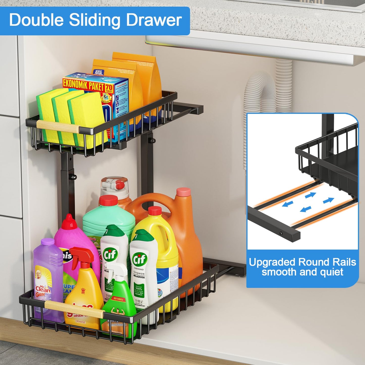 Godboat Under Sink Organizer - Pull Out Cabinet Organizer, 2-Tier Slide Out Drawers for Kitchen Cabinets, Multi-Use Bathroom Organizers and Storage, Shelves for Home Decor & Kitchen Essentials, 1 Pack