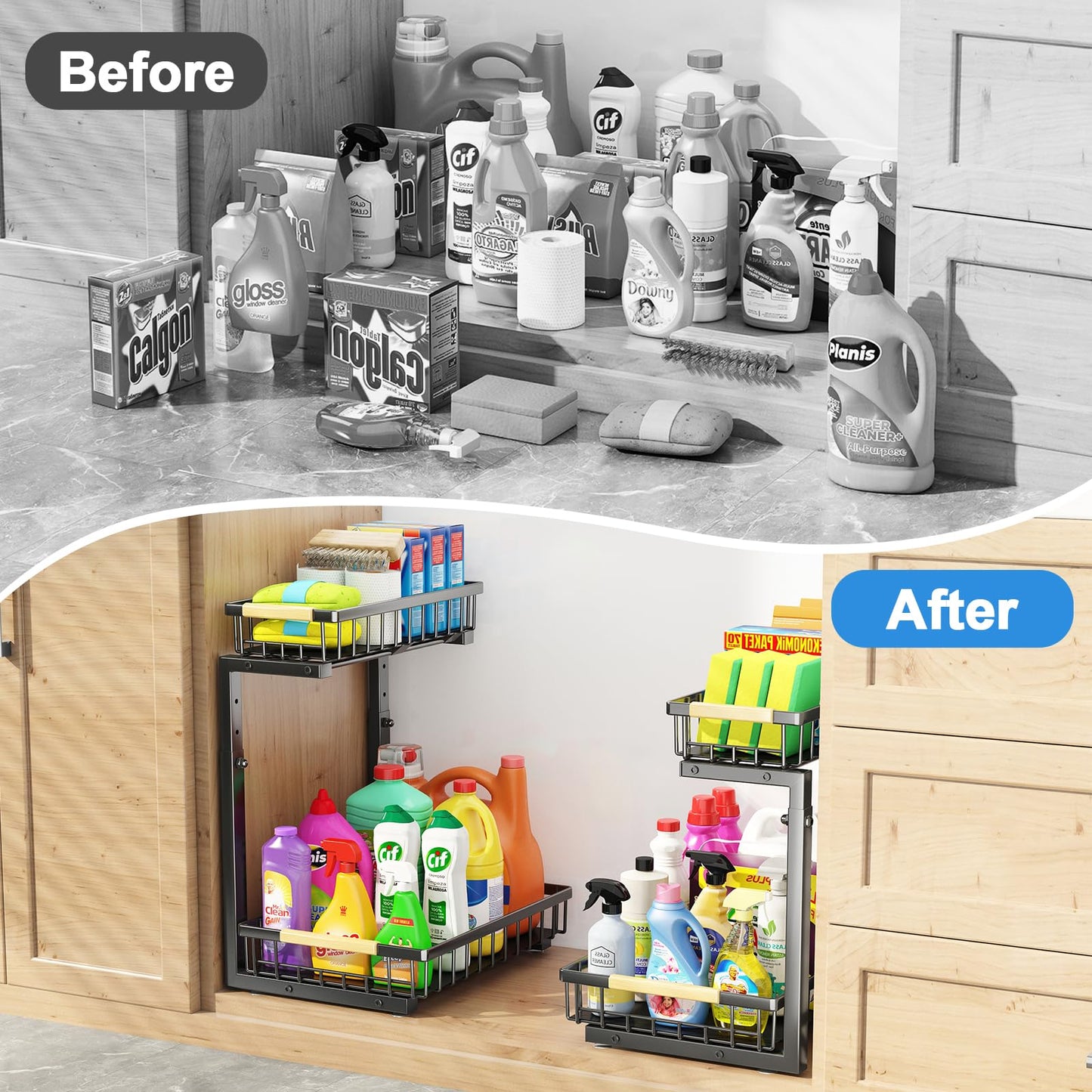 Godboat Under Sink Organizer - Pull Out Cabinet Organizer, 2-Tier Slide Out Drawers for Kitchen Cabinets, Multi-Use Bathroom Organizers and Storage, Shelves for Home Decor & Kitchen Essentials, 1 Pack