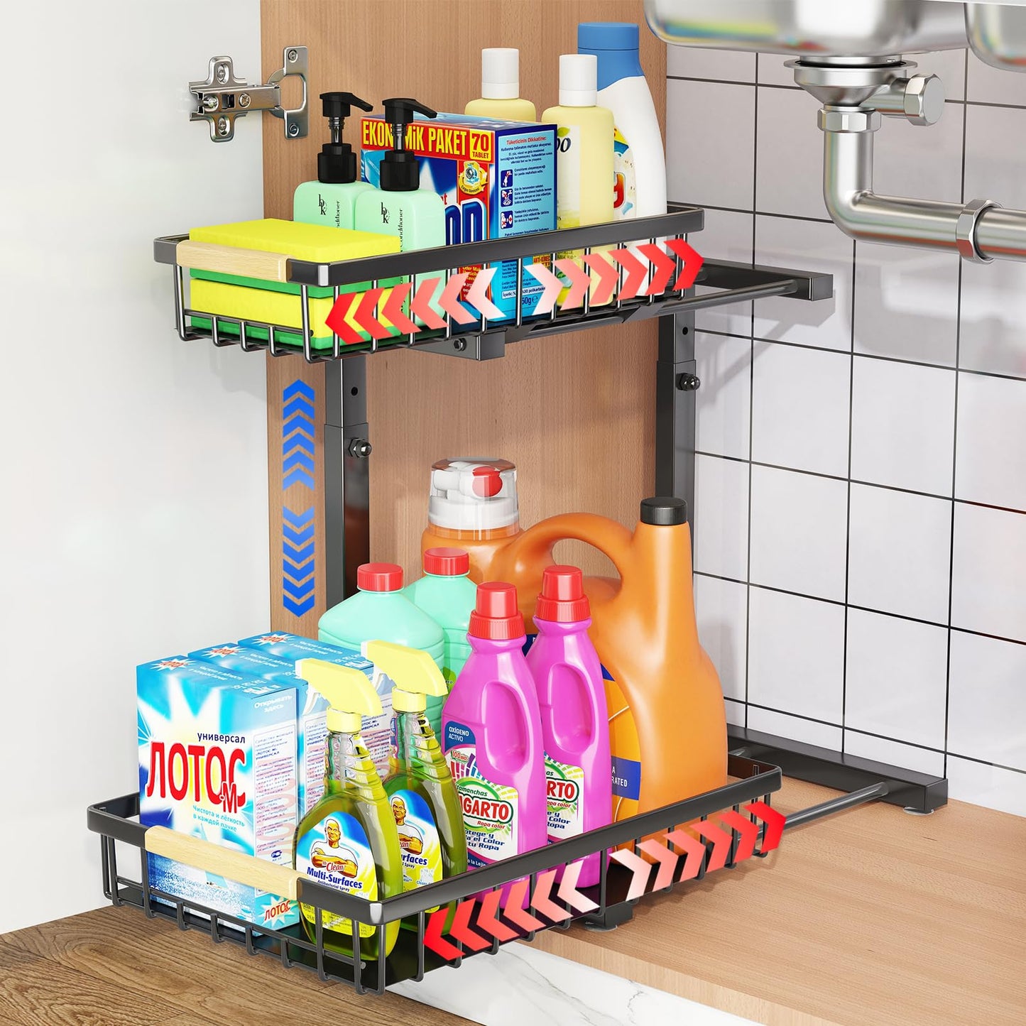 Godboat Under Sink Organizer - Pull Out Cabinet Organizer, 2-Tier Slide Out Drawers for Kitchen Cabinets, Multi-Use Bathroom Organizers and Storage, Shelves for Home Decor & Kitchen Essentials, 1 Pack