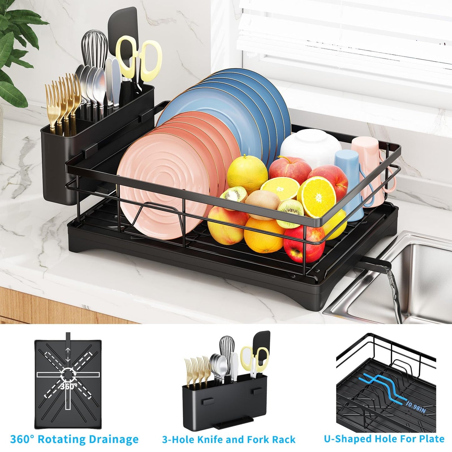 Godboat Dish Drying Rack, Dish Rack with Auto-Drain, Dish Drainer with 360° Swivel Spout, Dish Racks for Kitchen Counter, Cool Kitchen Decor and Accessories, Gifts for Women, Mom, Mothers Day