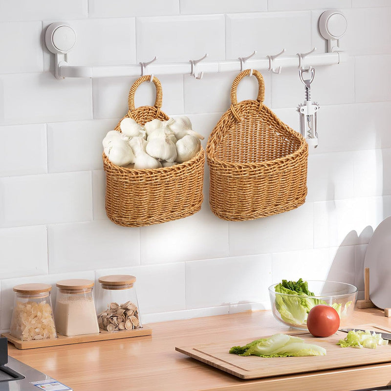 Hanging Basket Woven Wall Baskets, 2 Pack Hanging Storage Basket Woven Shelf Basket Storage Bin Plant Basket Small Woven Storage Basket with Handle Decorative Basket for Home Office Organizing