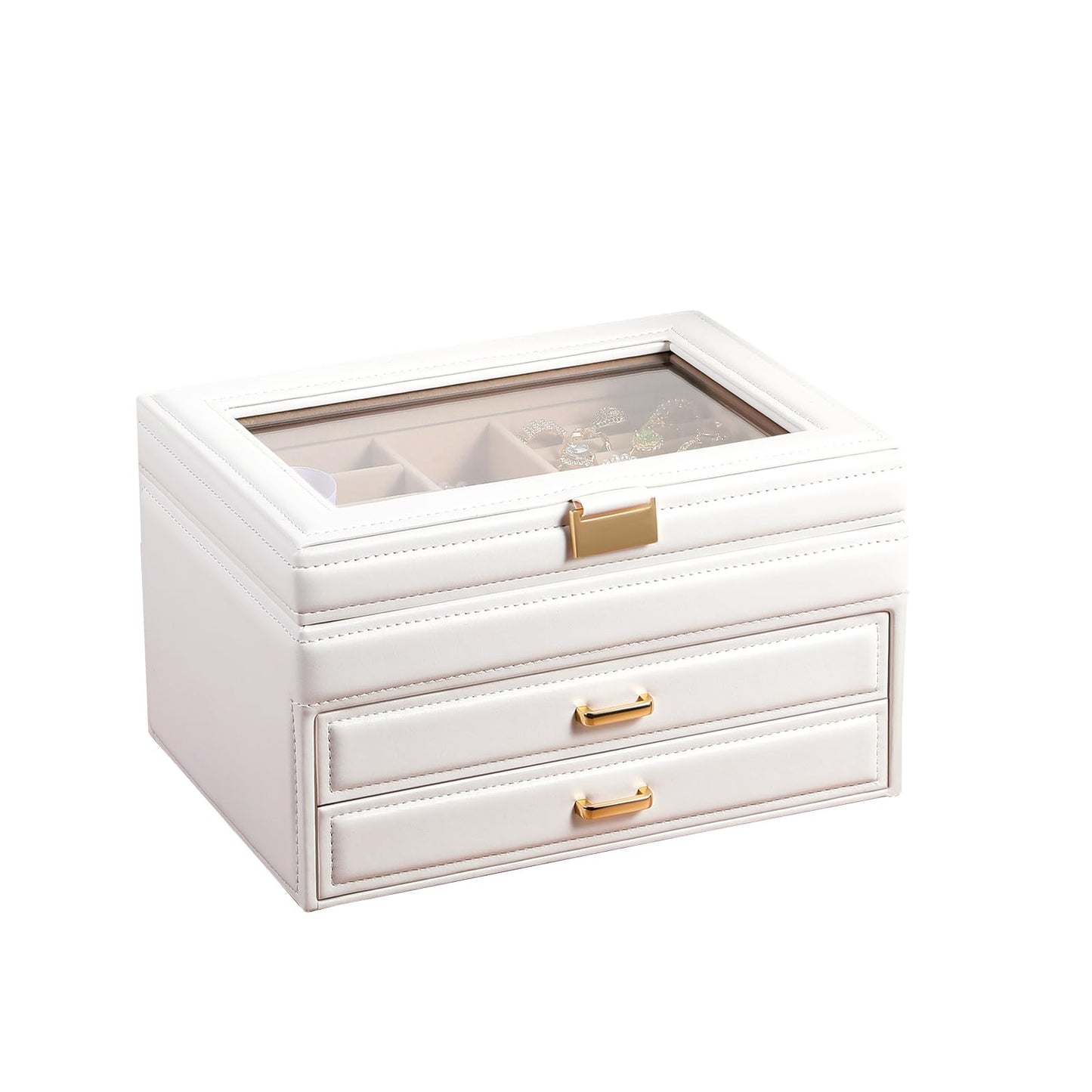 Godboat 3 Layer Jewelry Holder Organizer Box with Glass Lid, 2 Drawer Jewelry Storage, Big and Small Earring Ring Necklace Jewelry Tray for Girls, Valentines Day Gifts for Her