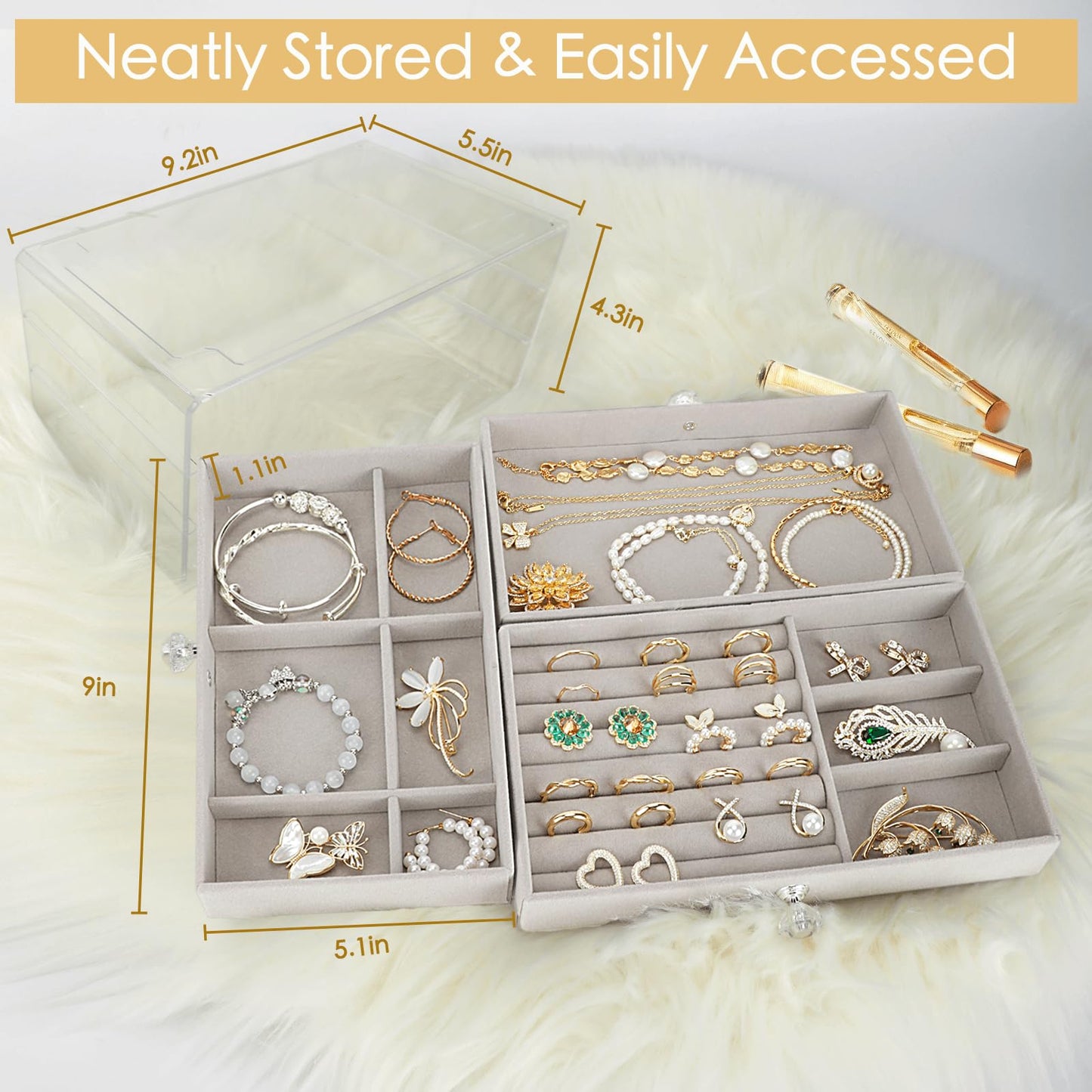 Godboat 3 Drawer Jewelry Holder Organizer Box, Jewelry Boxes & Organizers with Earring Organizer, Jewelry Holder Box, Clear Jewelry Organizer Box for Jewelry Storage, Valentines Day Gift