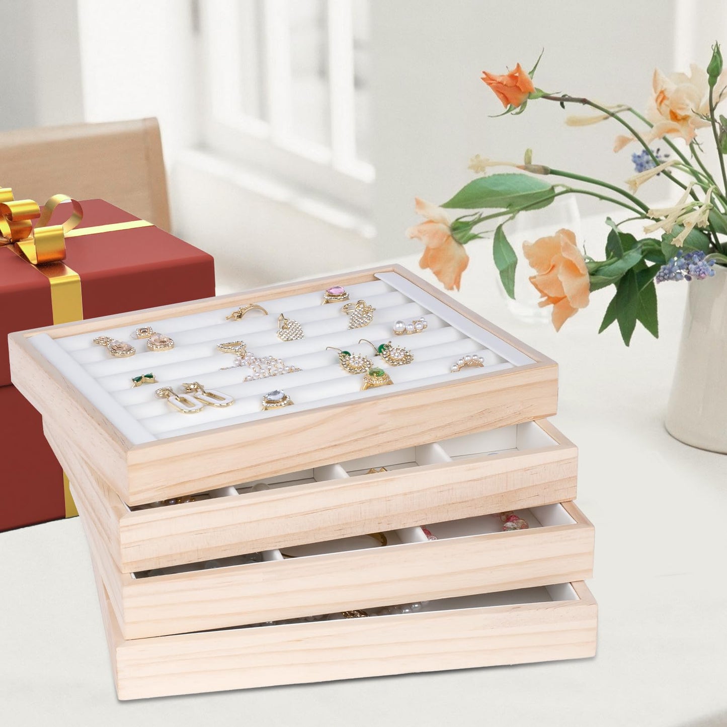 Jewelry Organizer Tray Set of 4 - Stackable Jewelry Organizer Drawer Inserts | Gift Idea for Girls and Women