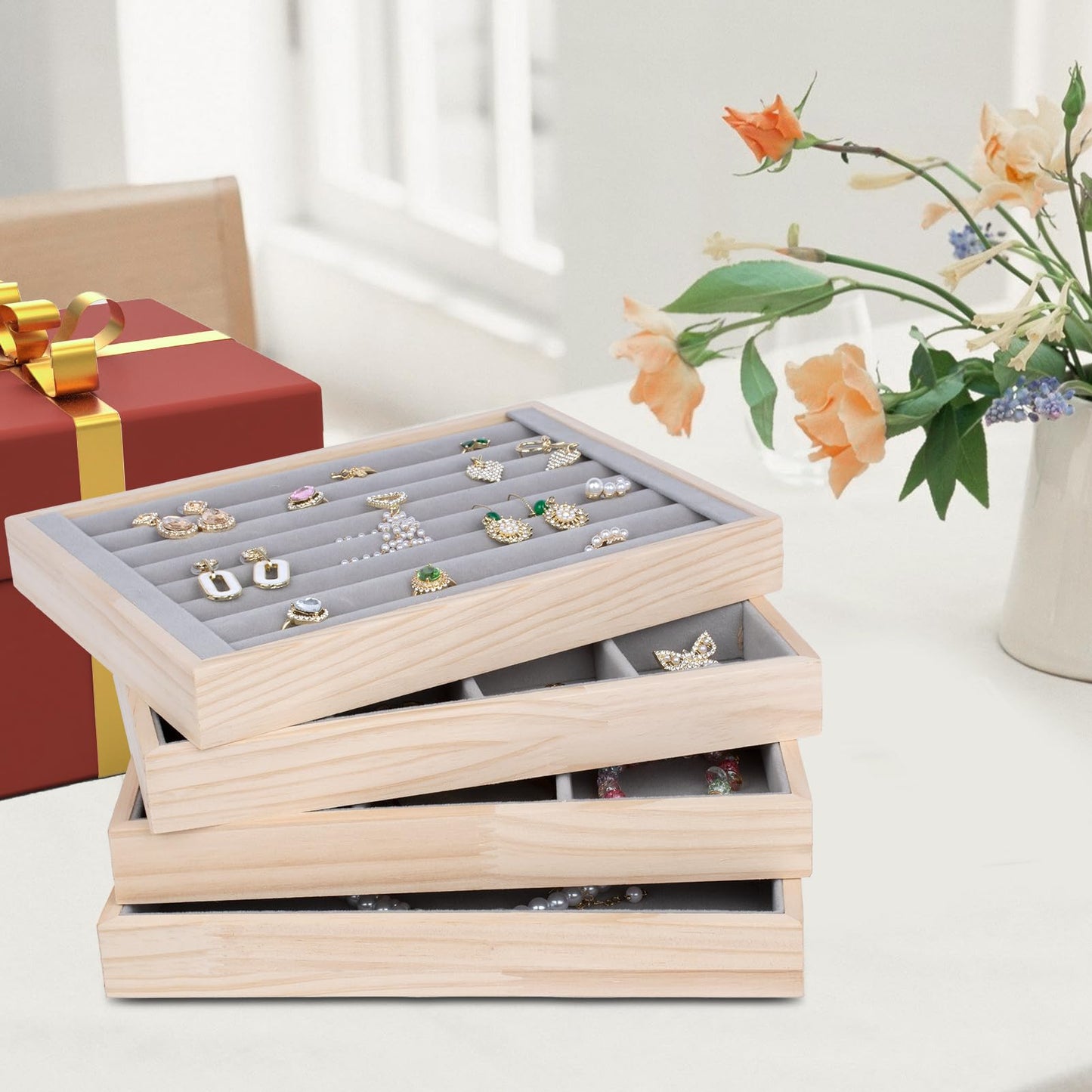 Jewelry Organizer Tray Set of 4 - Stackable Jewelry Organizer Drawer Inserts | Gift Idea for Girls and Women