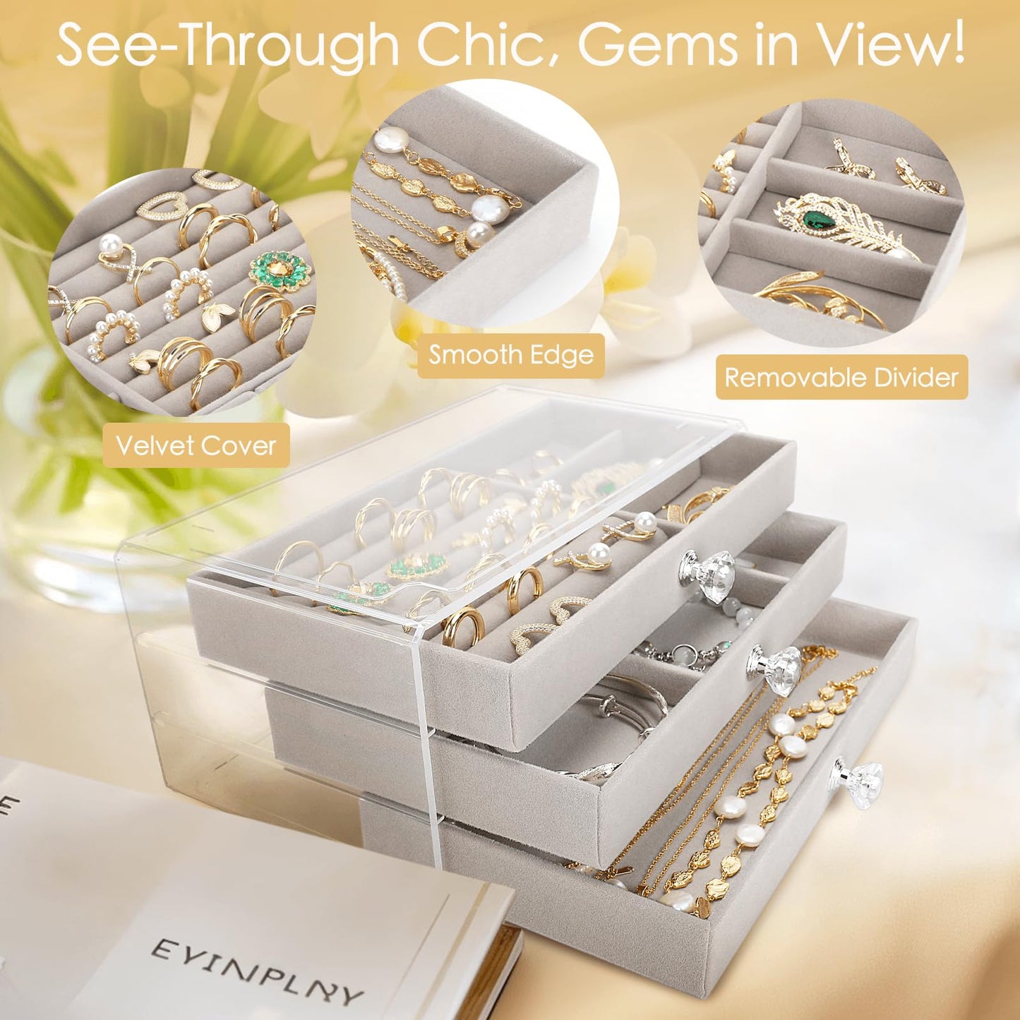 Godboat 3 Drawer Jewelry Holder Organizer Box, Jewelry Boxes & Organizers with Earring Organizer, Jewelry Holder Box, Clear Jewelry Organizer Box for Jewelry Storage, Valentines Day Gift