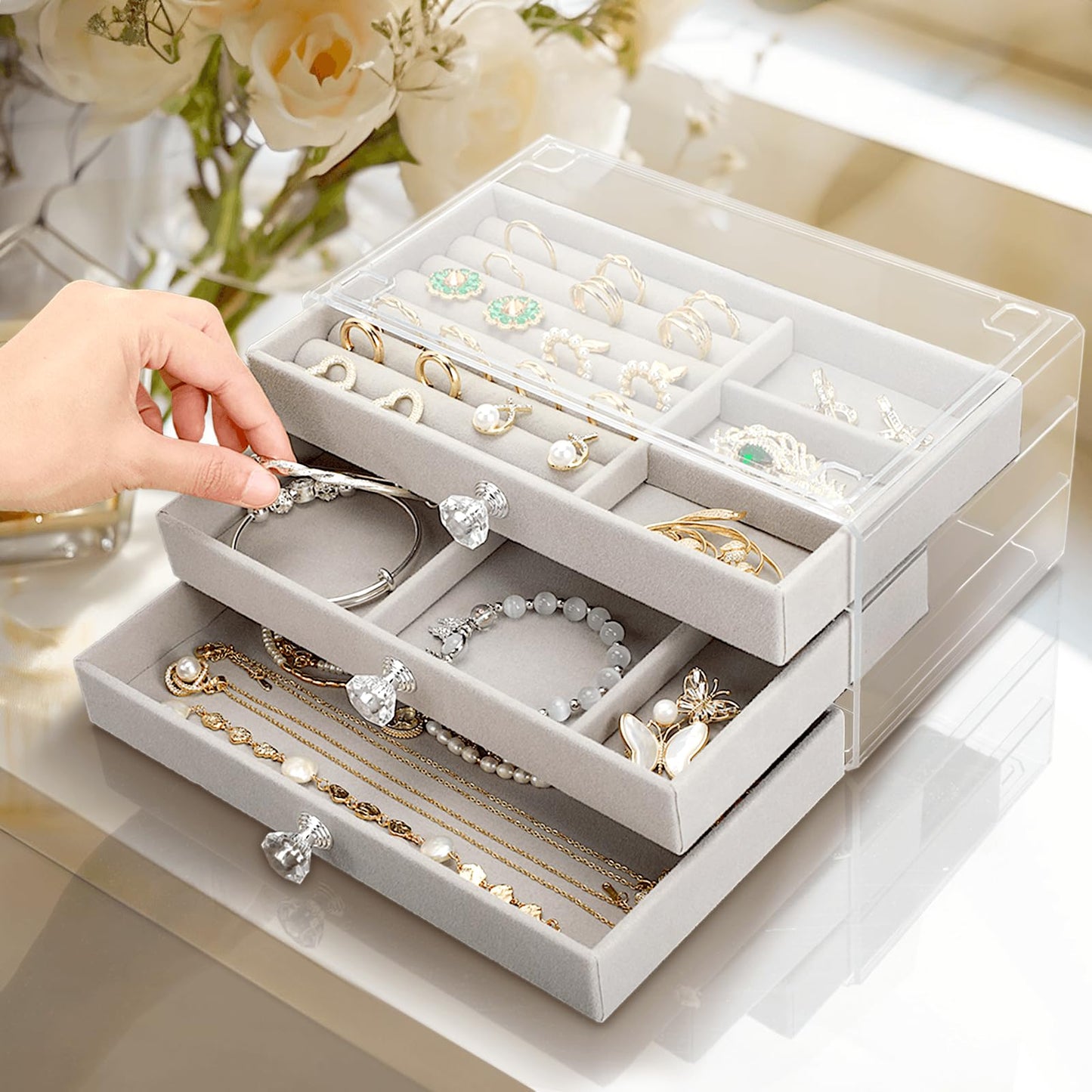 Godboat 3 Drawer Jewelry Holder Organizer Box, Jewelry Boxes & Organizers with Earring Organizer, Jewelry Holder Box, Clear Jewelry Organizer Box for Jewelry Storage, Valentines Day Gift