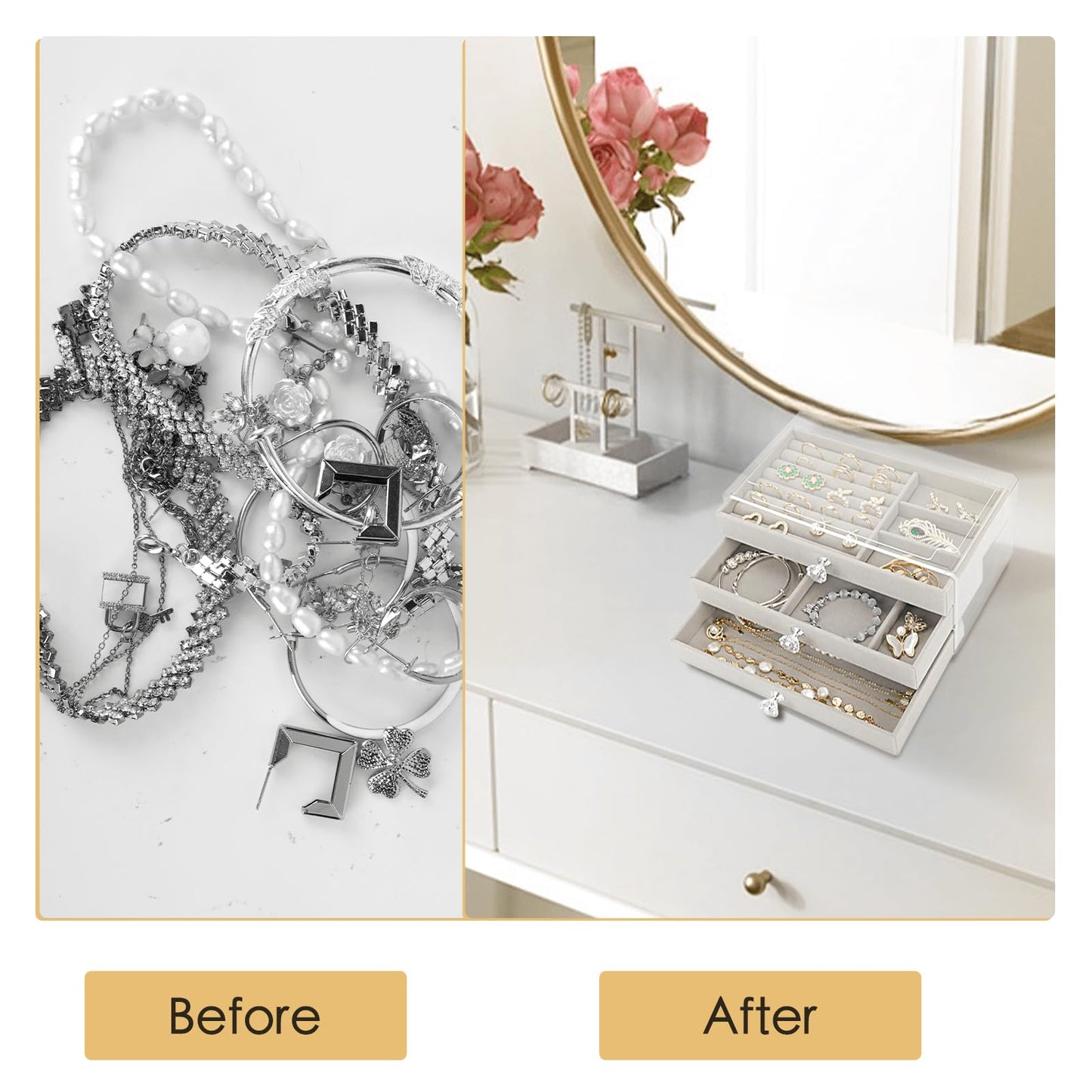 Godboat 3 Drawer Jewelry Holder Organizer Box, Jewelry Boxes & Organizers with Earring Organizer, Jewelry Holder Box, Clear Jewelry Organizer Box for Jewelry Storage, Valentines Day Gift