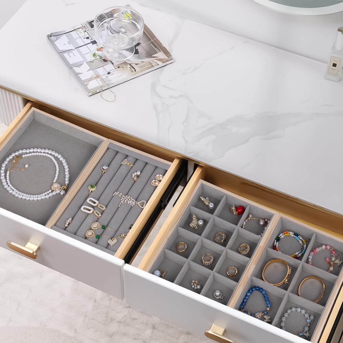 Jewelry Organizer Tray Set of 4 - Stackable Jewelry Organizer Drawer Inserts | Gift Idea for Girls and Women