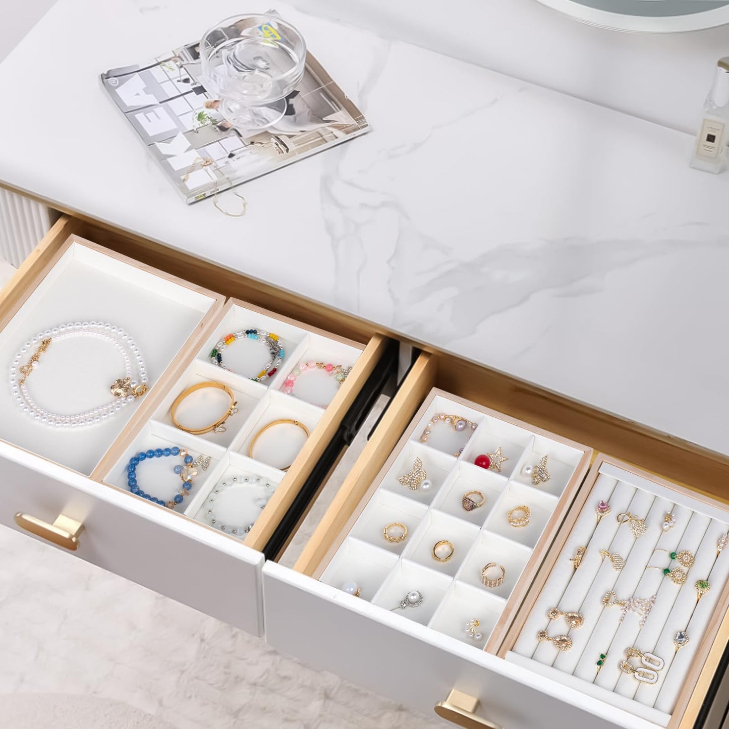 Jewelry Organizer Tray Set of 4 - Stackable Jewelry Organizer Drawer Inserts | Gift Idea for Girls and Women