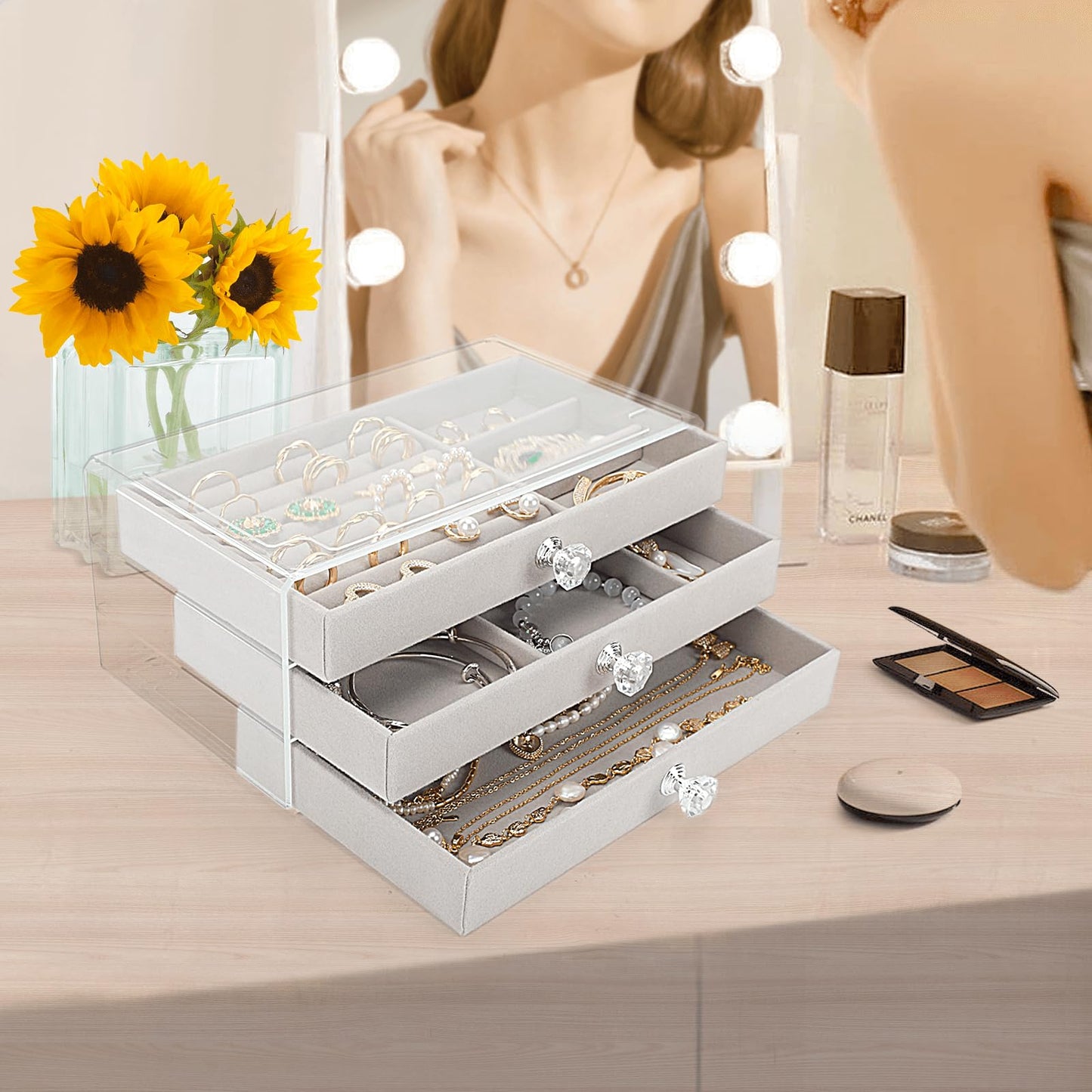 Godboat 3 Drawer Jewelry Holder Organizer Box, Jewelry Boxes & Organizers with Earring Organizer, Jewelry Holder Box, Clear Jewelry Organizer Box for Jewelry Storage, Valentines Day Gift