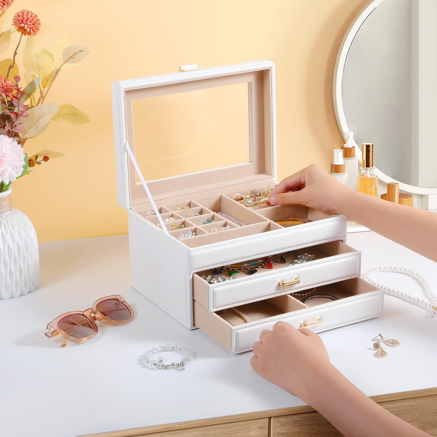 Godboat 3 Layer Jewelry Holder Organizer Box with Glass Lid, 2 Drawer Jewelry Storage, Big and Small Earring Ring Necklace Jewelry Tray for Girls, Valentines Day Gifts for Her