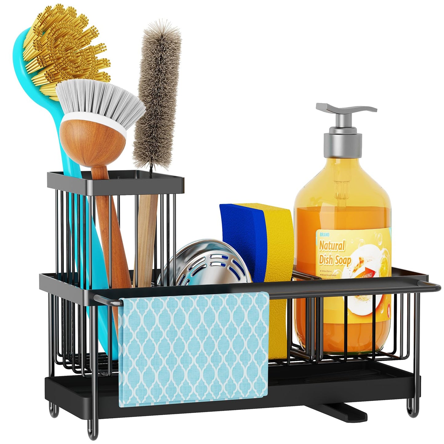 Godboat Sponge Holder for Kitchen Sink - Kitchen Sink Organizer with Brush Holder, Kitchen Sink Caddy with Auto-Drain, 360° Swivel Spout, Cool Kitchen Gadgets for New Home, Apartment, Farmhouse and RV