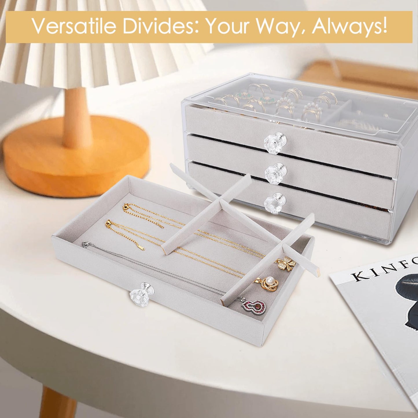 Godboat 3 Drawer Jewelry Holder Organizer Box, Jewelry Boxes & Organizers with Earring Organizer, Jewelry Holder Box, Clear Jewelry Organizer Box for Jewelry Storage, Valentines Day Gift