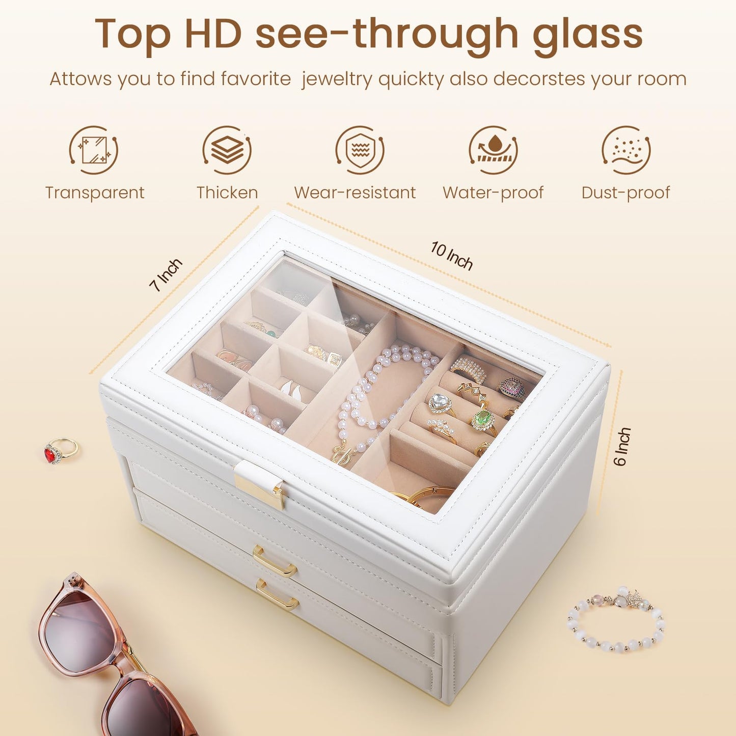 Godboat 3 Layer Jewelry Holder Organizer Box with Glass Lid, 2 Drawer Jewelry Storage, Big and Small Earring Ring Necklace Jewelry Tray for Girls, Valentines Day Gifts for Her