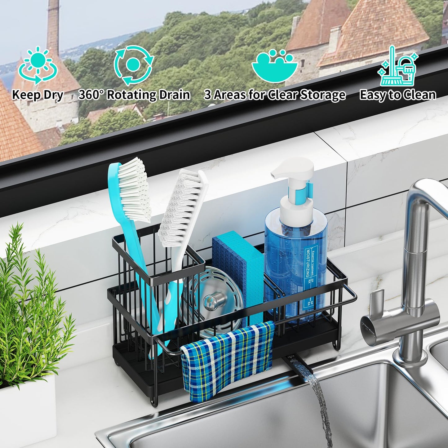 Godboat Sponge Holder for Kitchen Sink - Kitchen Sink Organizer with Brush Holder, Kitchen Sink Caddy with Auto-Drain, 360° Swivel Spout, Cool Kitchen Gadgets for New Home, Apartment, Farmhouse and RV