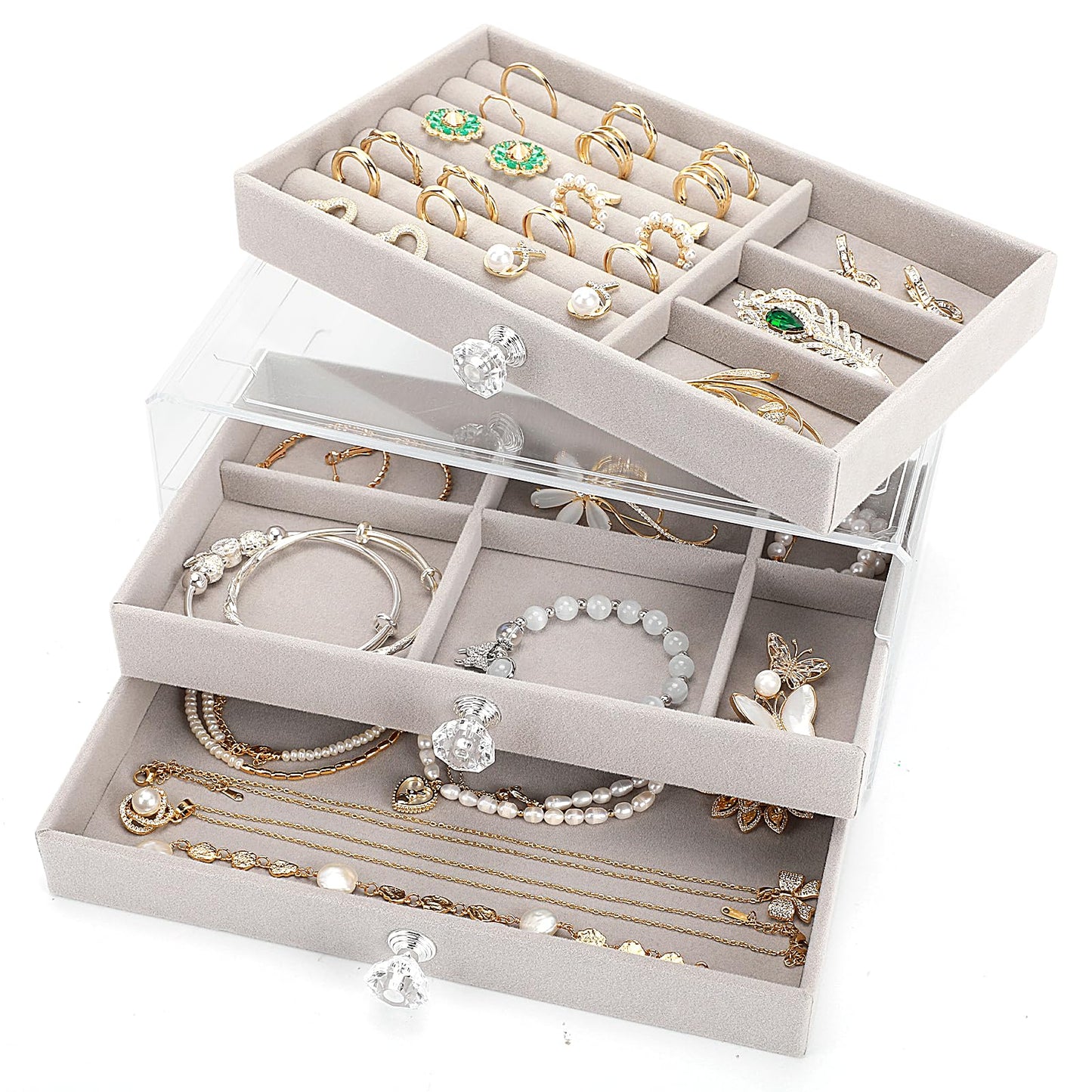 Godboat 3 Drawer Jewelry Holder Organizer Box, Jewelry Boxes & Organizers with Earring Organizer, Jewelry Holder Box, Clear Jewelry Organizer Box for Jewelry Storage, Valentines Day Gift