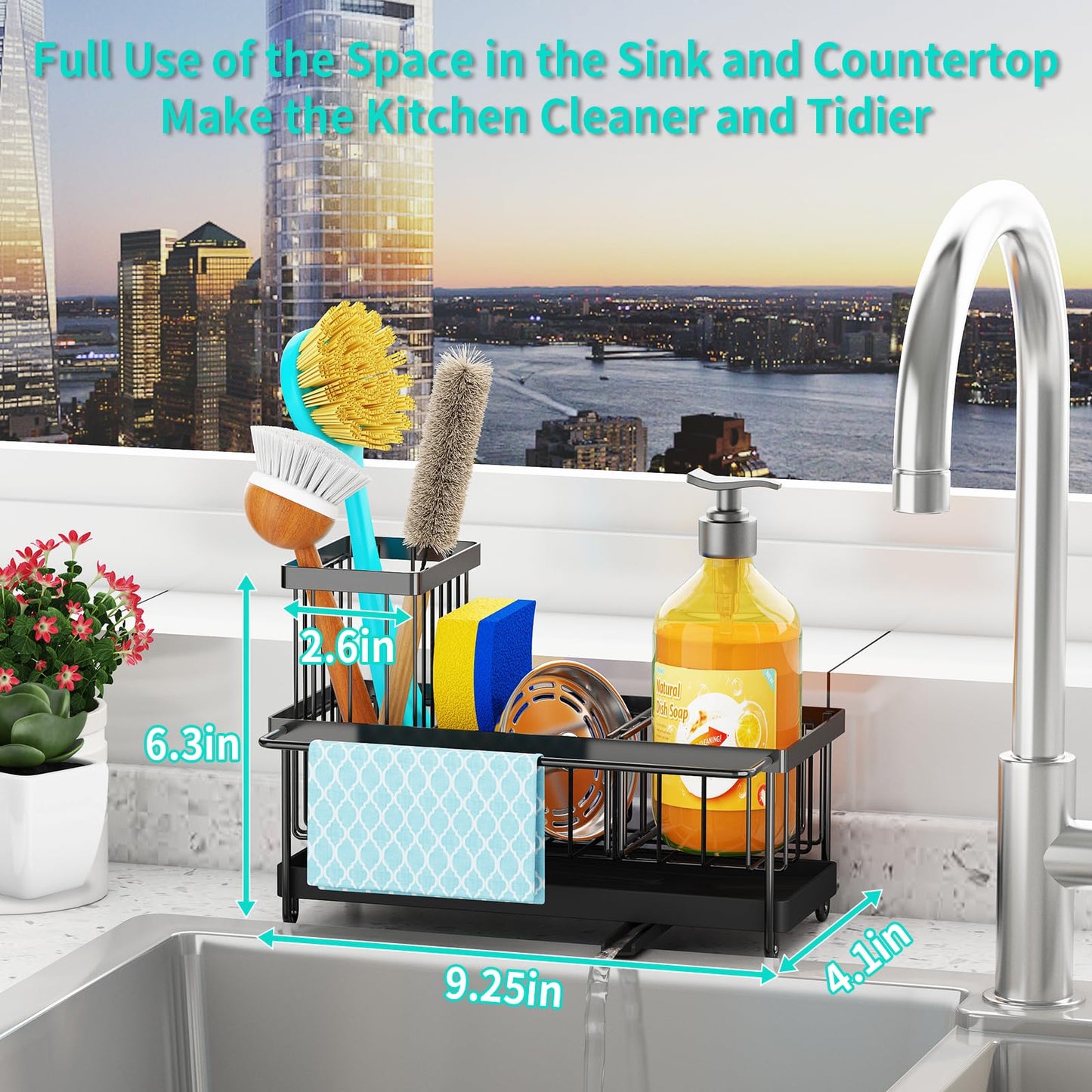 Godboat Sponge Holder for Kitchen Sink - Kitchen Sink Organizer with Brush Holder, Kitchen Sink Caddy with Auto-Drain, 360° Swivel Spout, Cool Kitchen Gadgets for New Home, Apartment, Farmhouse and RV