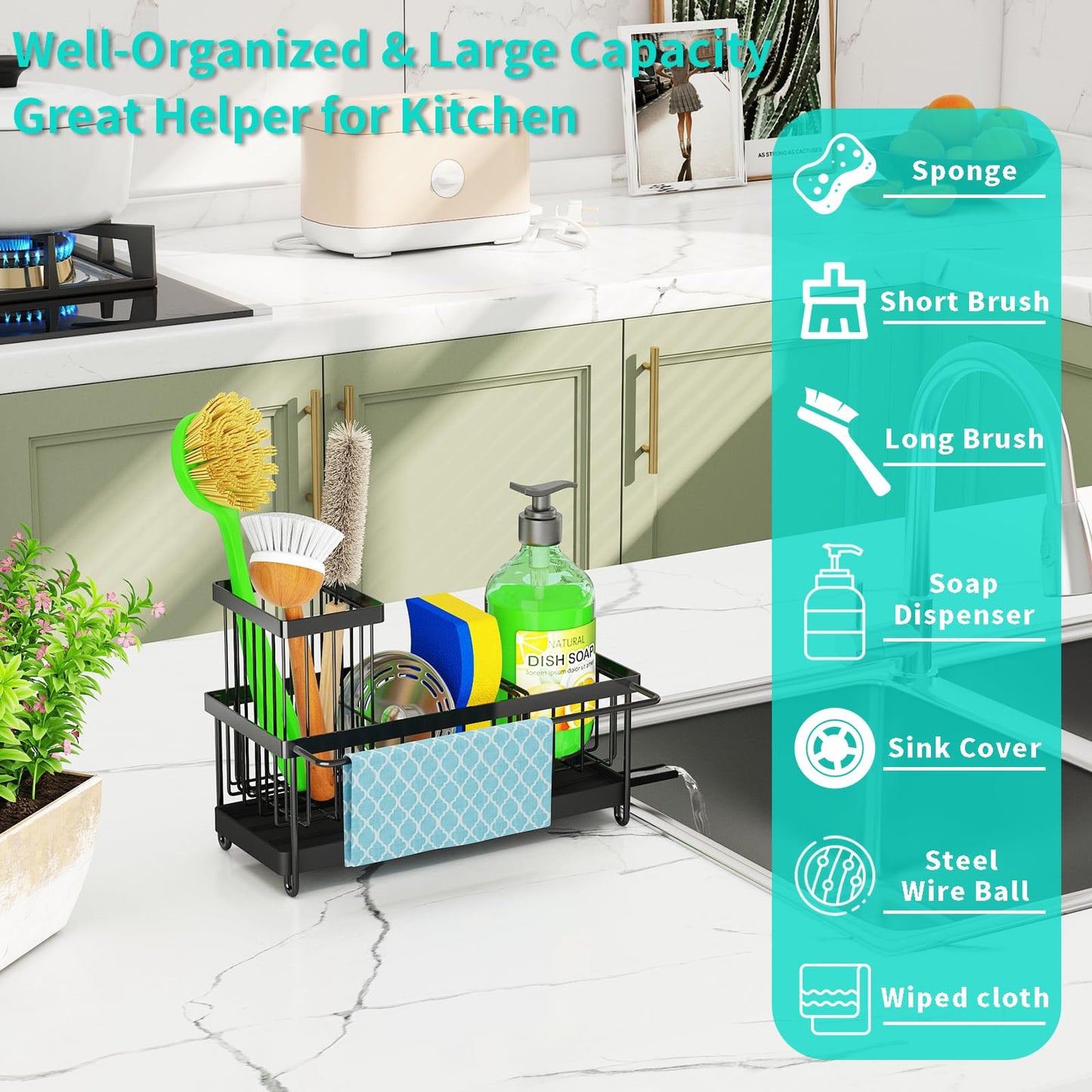 Godboat Sponge Holder for Kitchen Sink - Kitchen Sink Organizer with Brush Holder, Kitchen Sink Caddy with Auto-Drain, 360° Swivel Spout, Cool Kitchen Gadgets for New Home, Apartment, Farmhouse and RV