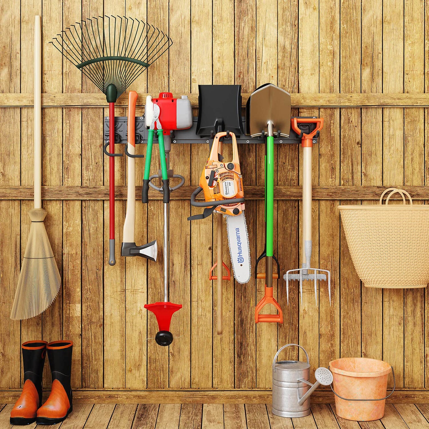 Godboat 6 Hooks Garage Shelving Storage Organization 550lbs Max Load, Wall Mount Broom Holder, Garden Tool Organizer for Yard Tools & Water Hose, Cool Stuff for Fathers Day Dad Gifts