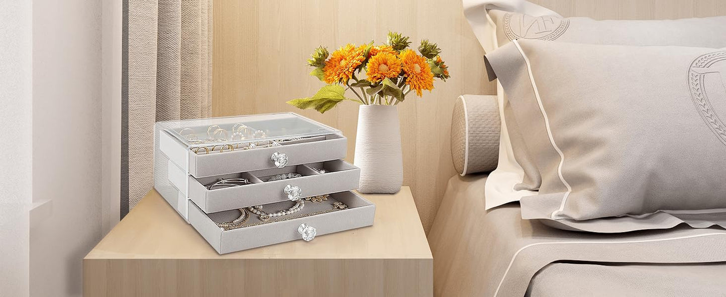Godboat 3 Drawer Jewelry Holder Organizer Box, Jewelry Boxes & Organizers with Earring Organizer, Jewelry Holder Box, Clear Jewelry Organizer Box for Jewelry Storage, Valentines Day Gift
