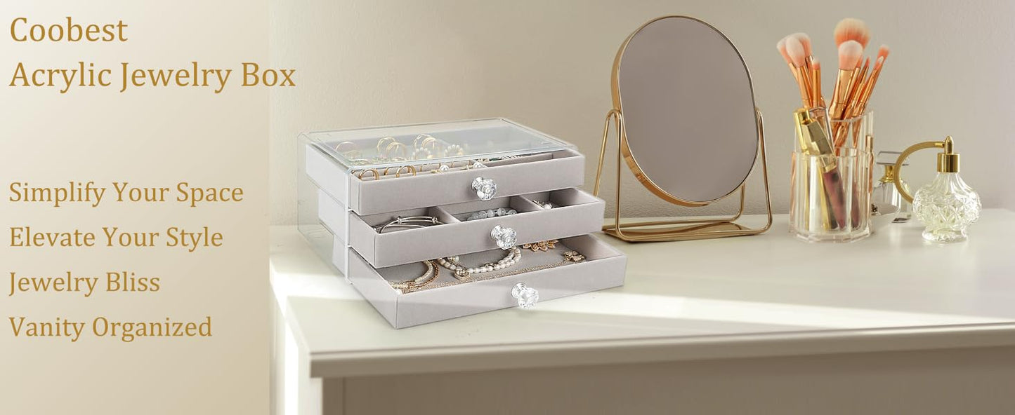 Godboat 3 Drawer Jewelry Holder Organizer Box, Jewelry Boxes & Organizers with Earring Organizer, Jewelry Holder Box, Clear Jewelry Organizer Box for Jewelry Storage, Valentines Day Gift