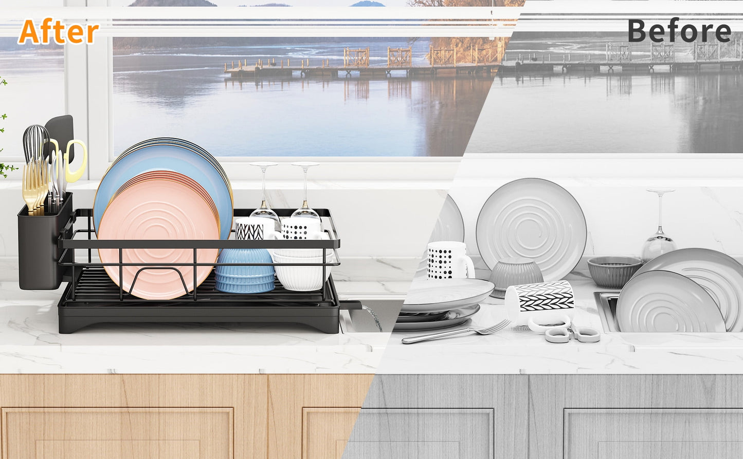 Godboat Dish Drying Rack, Dish Rack with Auto-Drain, Dish Drainer with 360° Swivel Spout, Dish Racks for Kitchen Counter, Cool Kitchen Decor and Accessories, Gifts for Women, Mom, Mothers Day