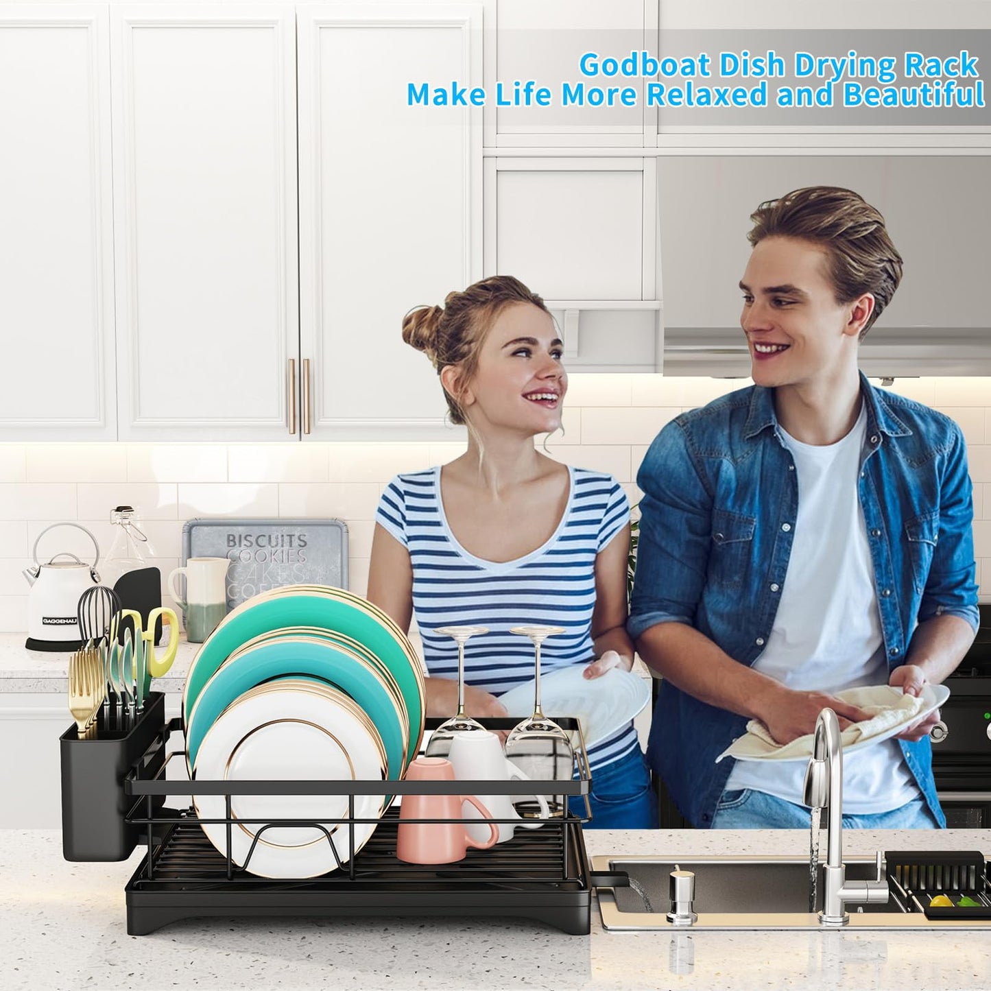 Godboat Dish Drying Rack, Dish Rack with Auto-Drain, Dish Drainer with 360° Swivel Spout, Dish Racks for Kitchen Counter, Cool Kitchen Decor and Accessories, Gifts for Women, Mom, Mothers Day