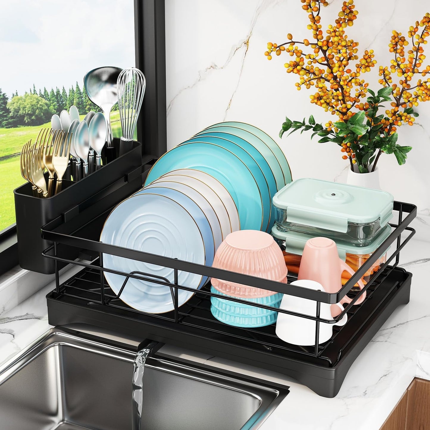Godboat Dish Drying Rack, Dish Rack with Auto-Drain, Dish Drainer with 360° Swivel Spout, Dish Racks for Kitchen Counter, Cool Kitchen Decor and Accessories, Gifts for Women, Mom, Mothers Day