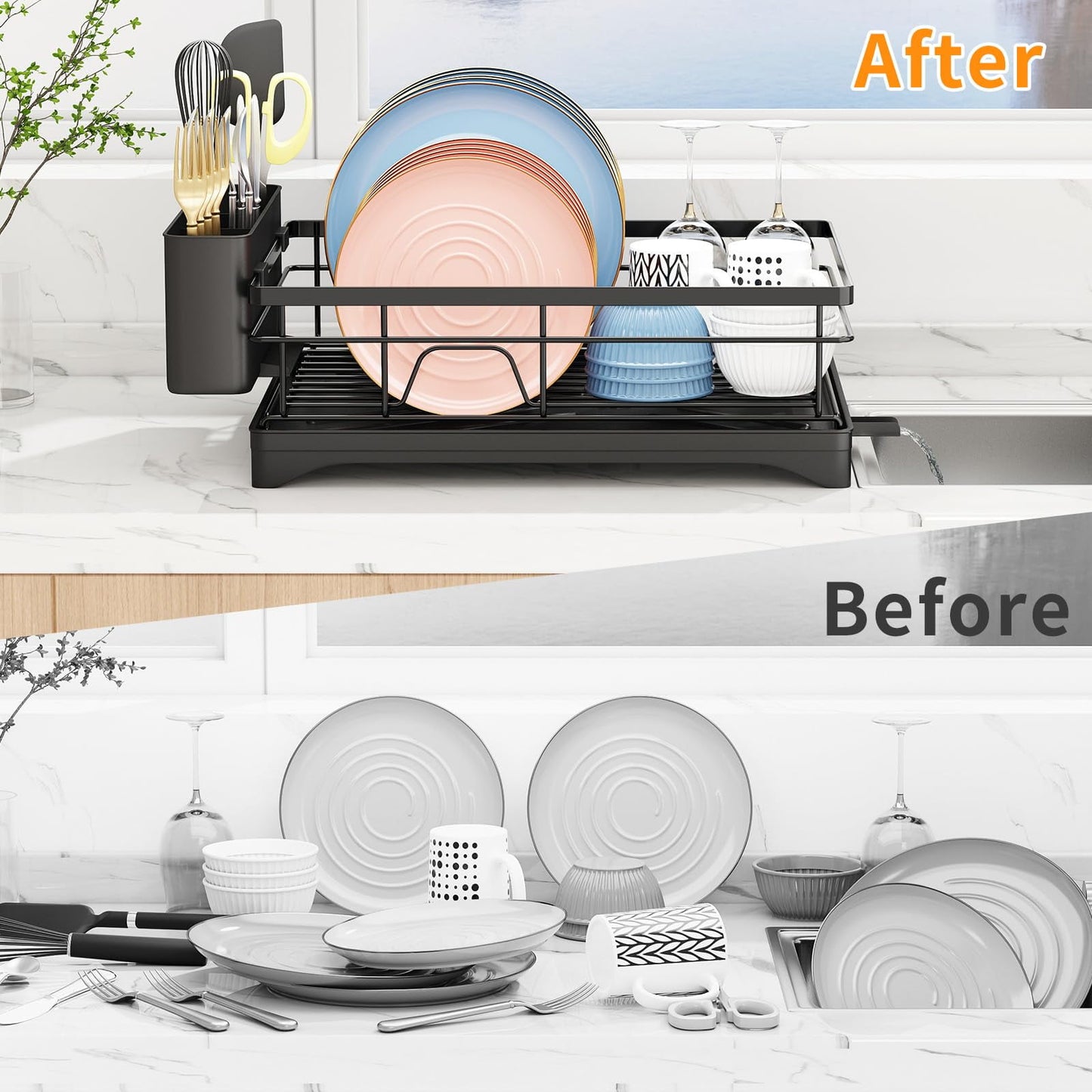 Godboat Dish Drying Rack, Dish Rack with Auto-Drain, Dish Drainer with 360° Swivel Spout, Dish Racks for Kitchen Counter, Cool Kitchen Decor and Accessories, Gifts for Women, Mom, Mothers Day