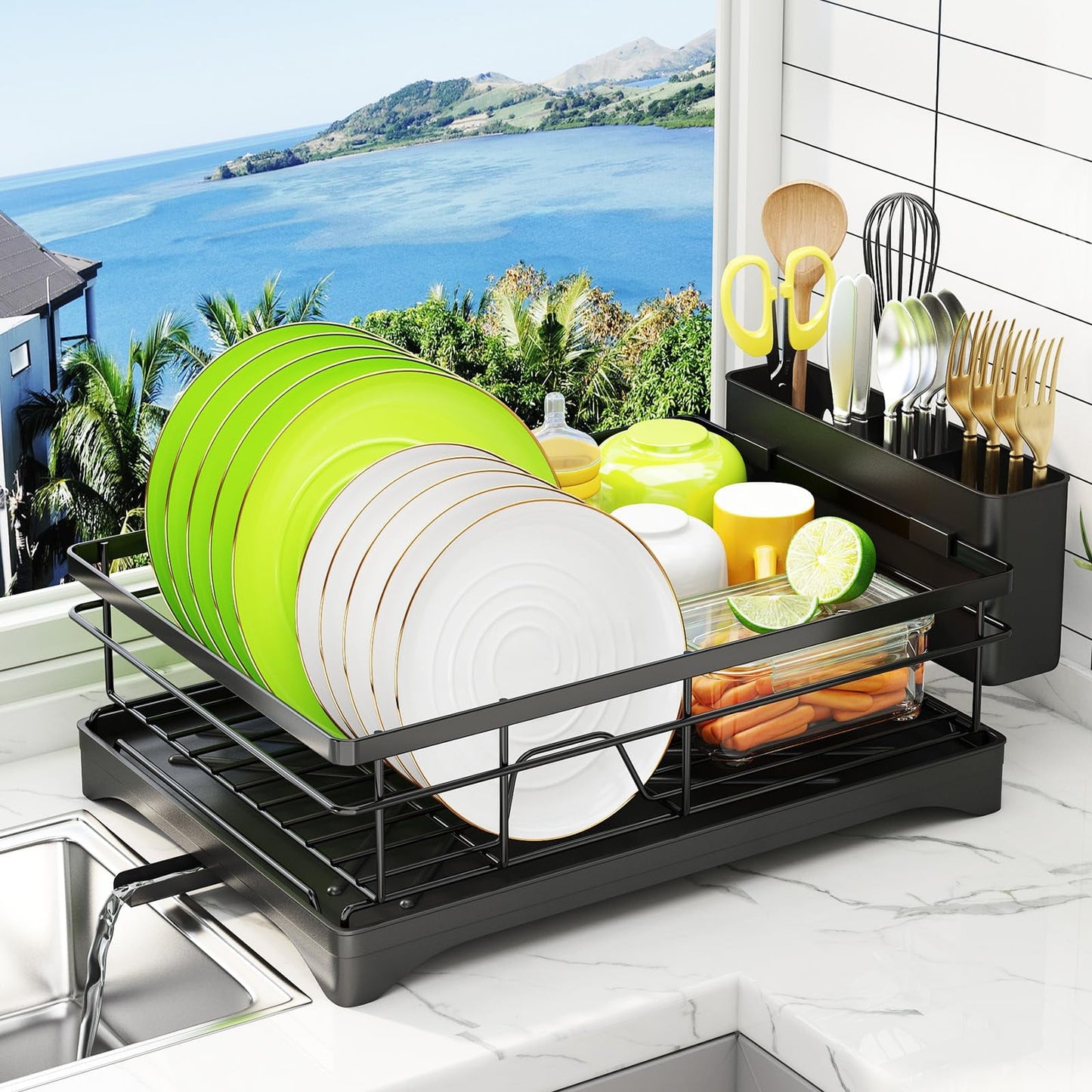Godboat Dish Drying Rack, Dish Rack with Auto-Drain, Dish Drainer with 360° Swivel Spout, Dish Racks for Kitchen Counter, Cool Kitchen Decor and Accessories, Gifts for Women, Mom, Mothers Day